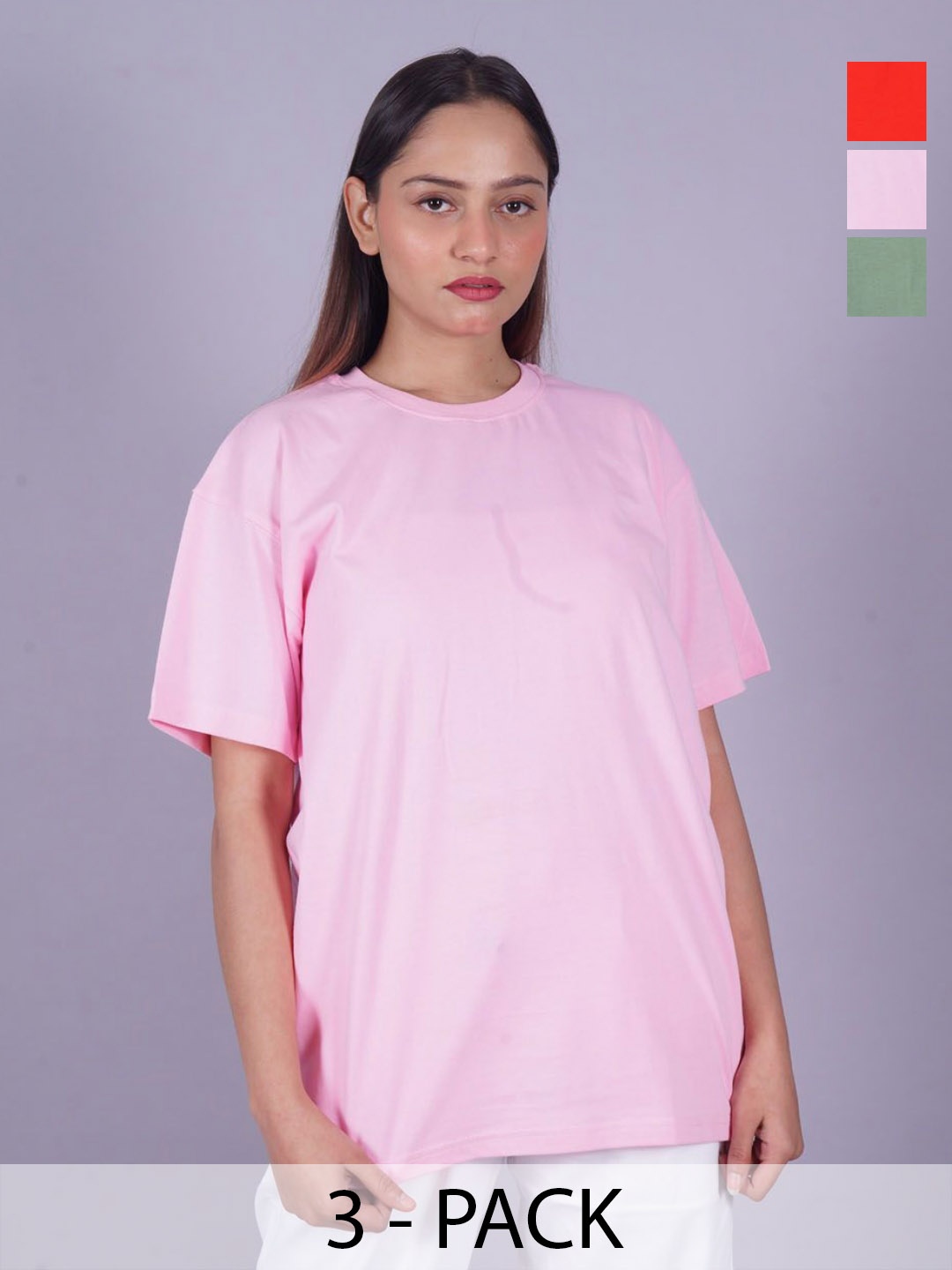 

VYVE Women Pack Of 3 Round Neck Solid T-shirts, Pink