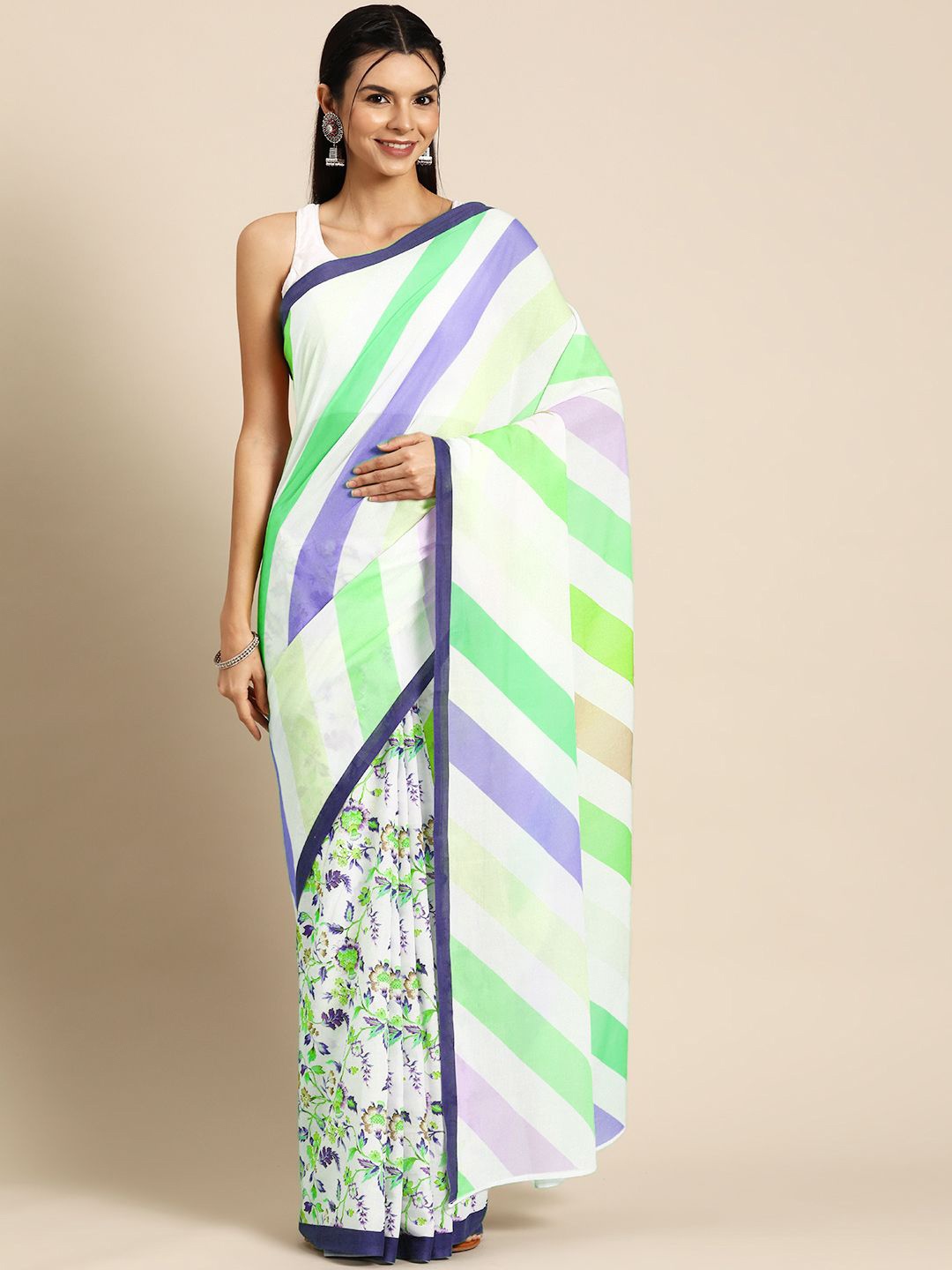 

BUTA BUTI Floral Pure Cotton Half and Half Saree, White
