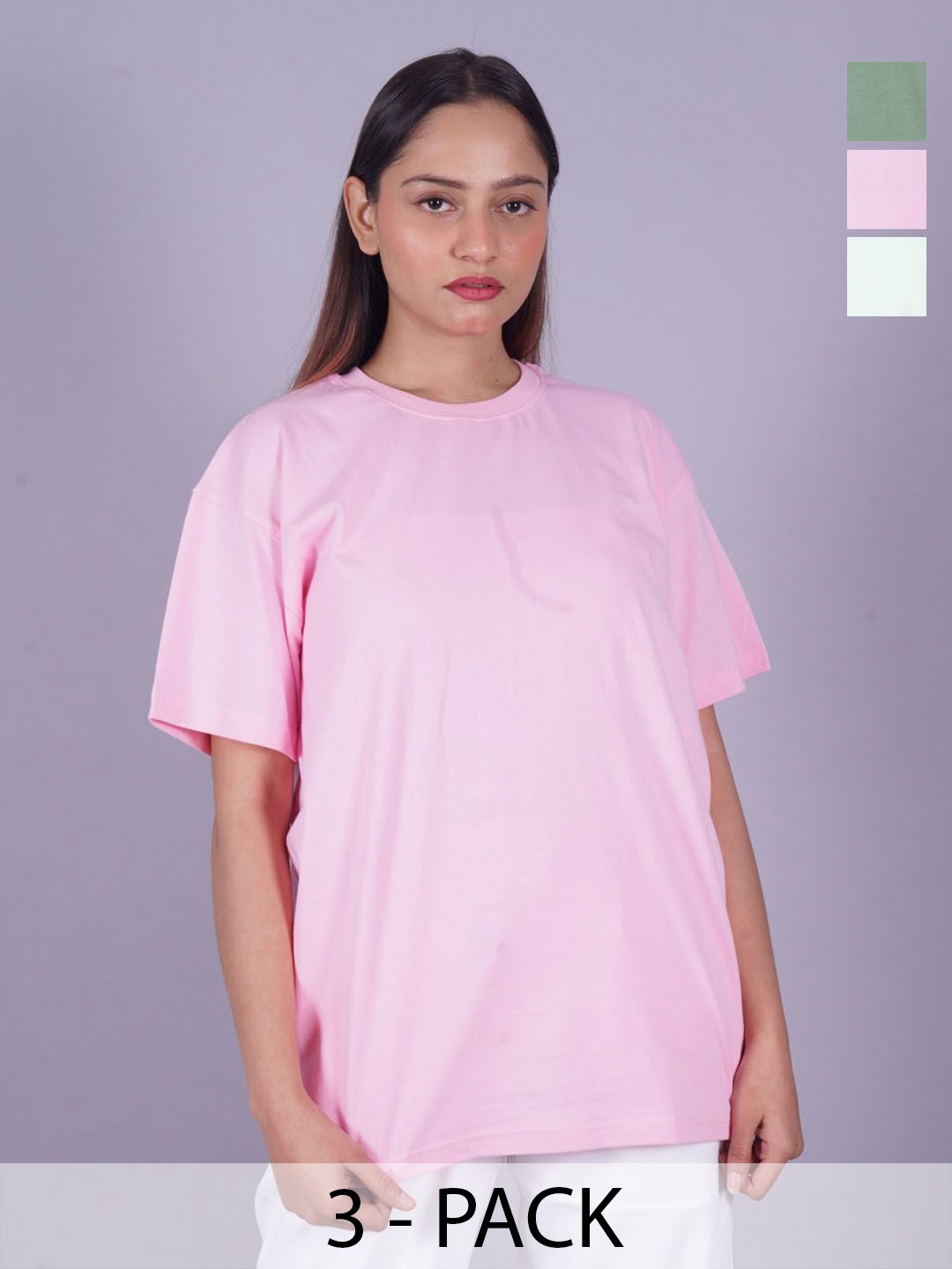 

VYVE Women Pack Of 3 Round Neck Solid T-shirts, Pink