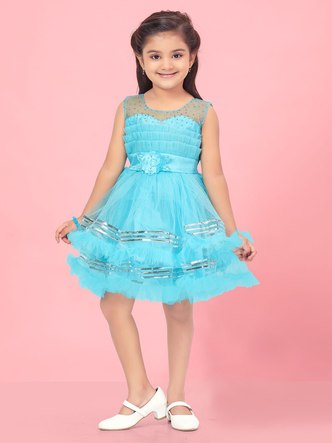 

BAESD Girls Embellished Layered Net Fit & Flare Dress, Turquoise blue