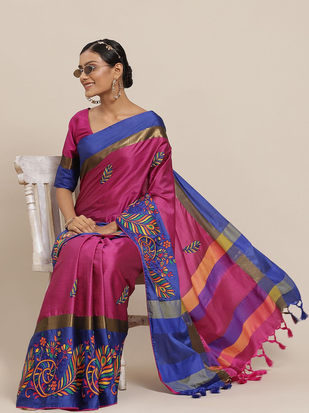 

KALINI Silk Cotton Floral Embroidered Festive Saree, Pink