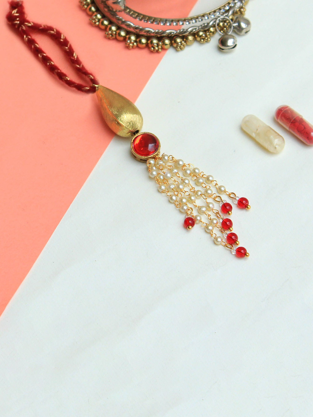 

BeAbhika Beaded Bhabhi Lumba Rakhi With Roli Chawal, Gold