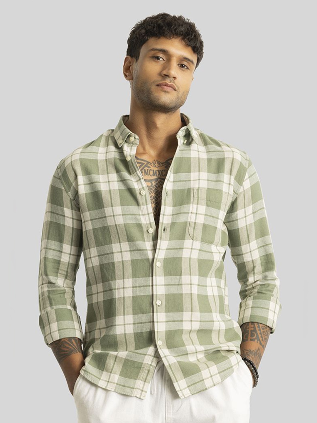 

Snitch Men Smart Button-Down Collar Tartan Checked Linen Slim Fit Casual Shirt, Green