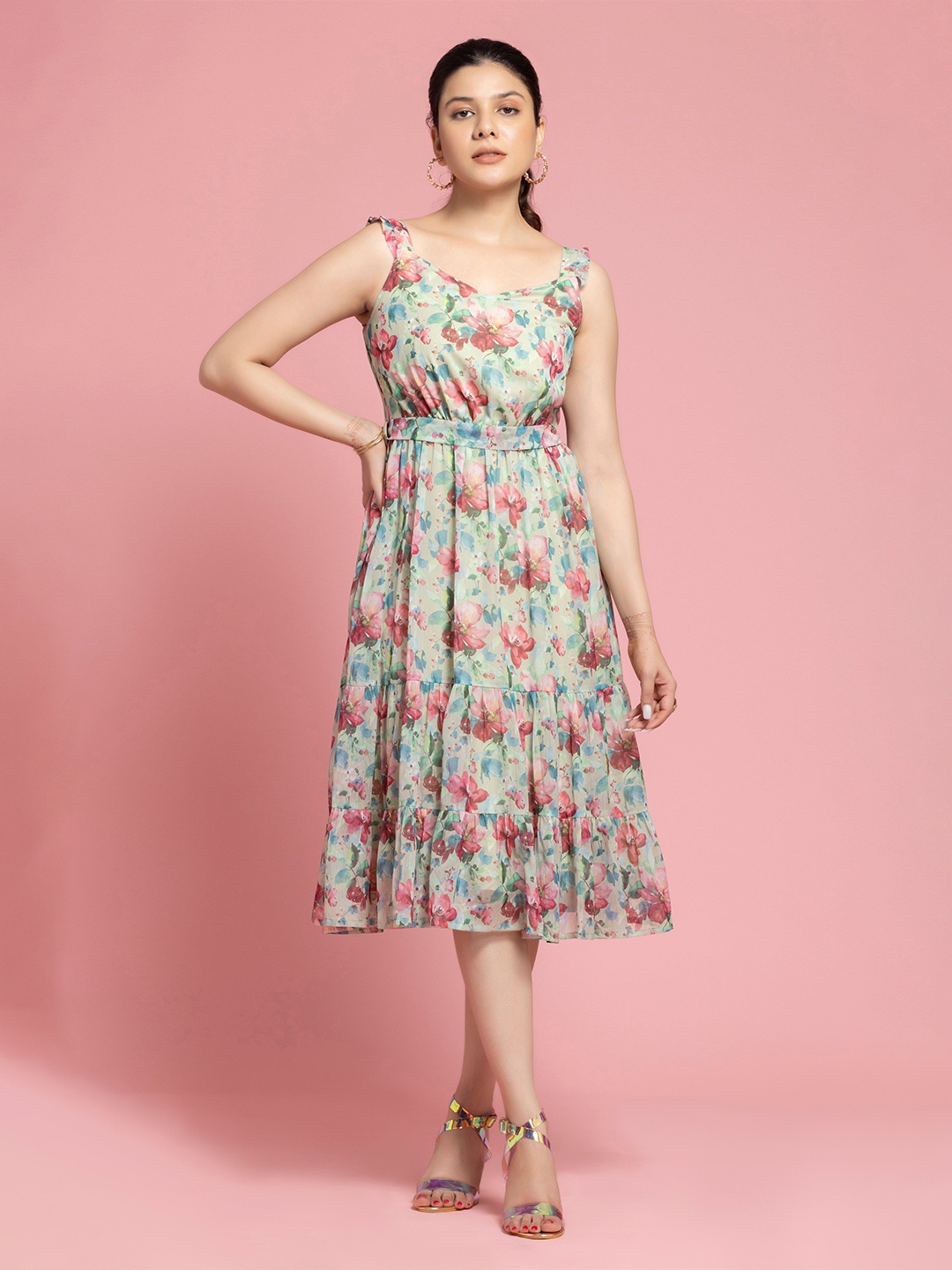 

SEW YOU SOON Floral Printed Sleeveless Empire Midi Dress, Green