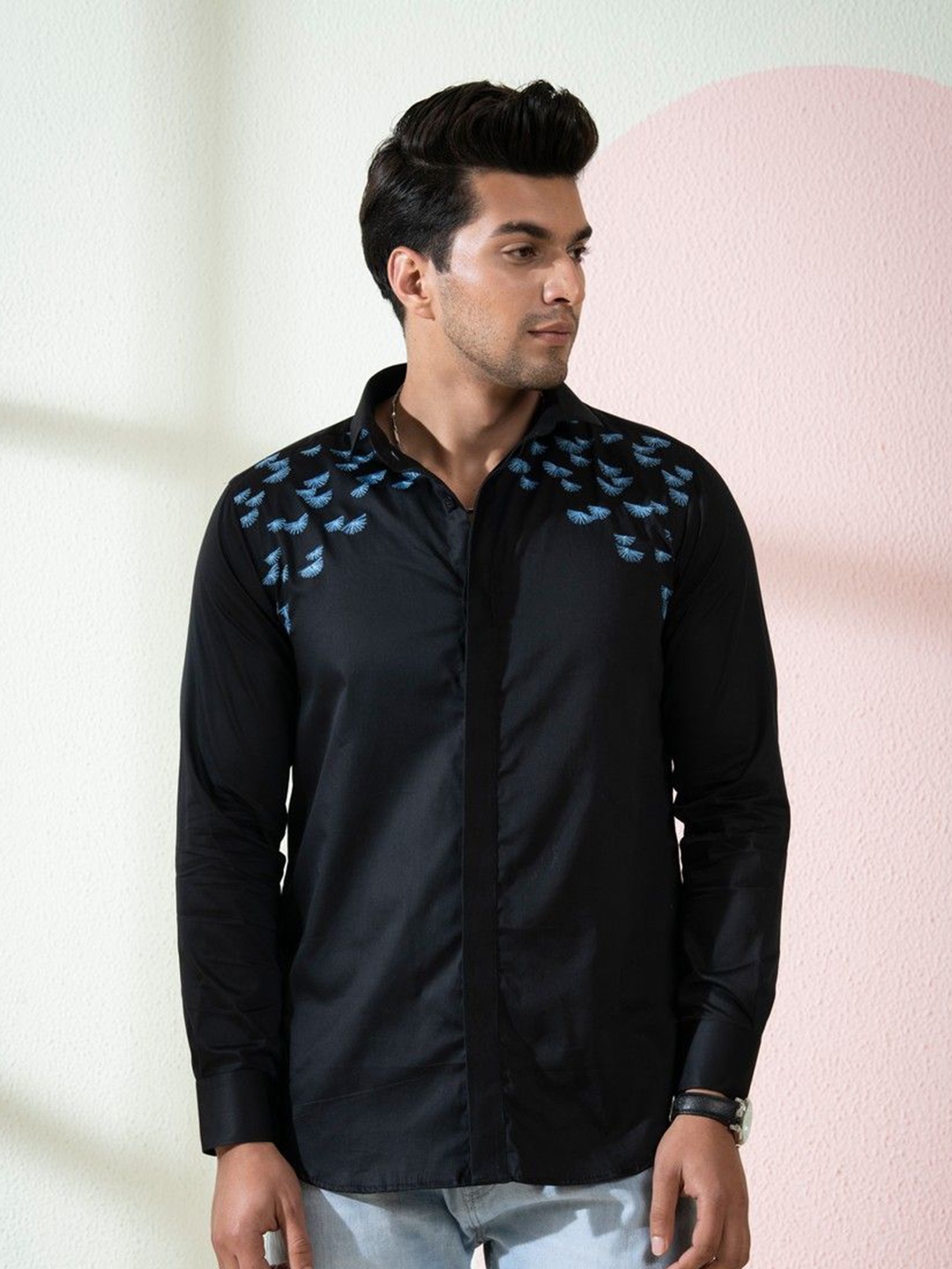 

HILO DESIGN Men Cotton Designer Casual Shirt, Black
