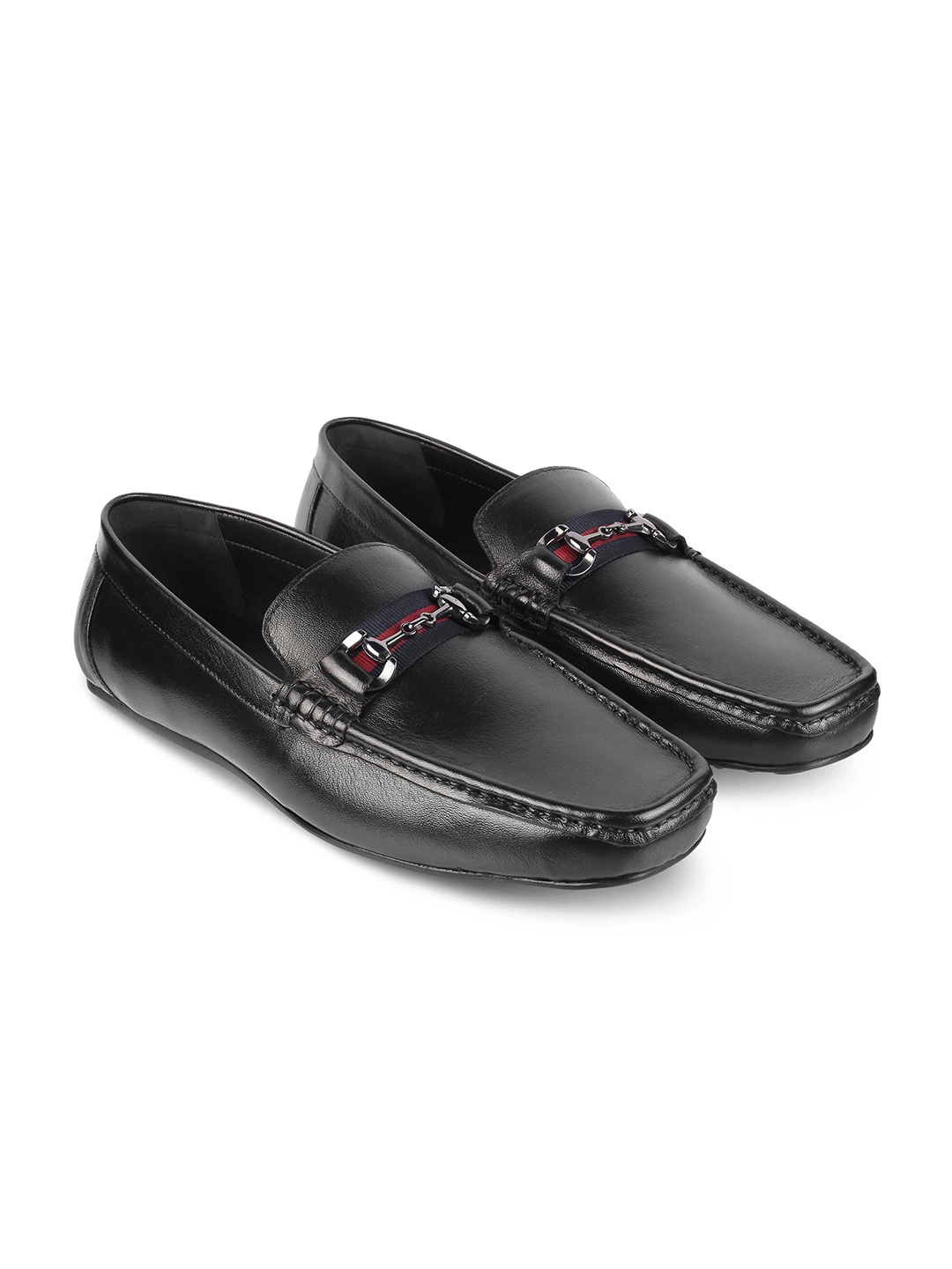 

Tresmode Men Leather Square Toe Horsebit Loafers, Black