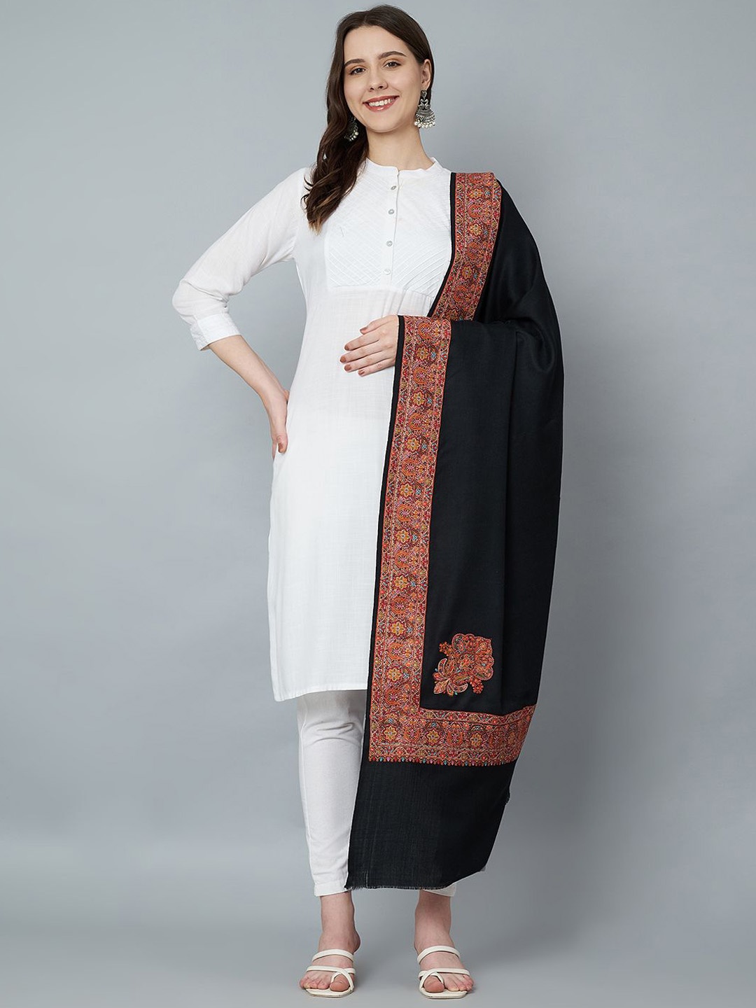 

MUFFLY Women Floral Embroidered Pure Woollen Shawl, Black