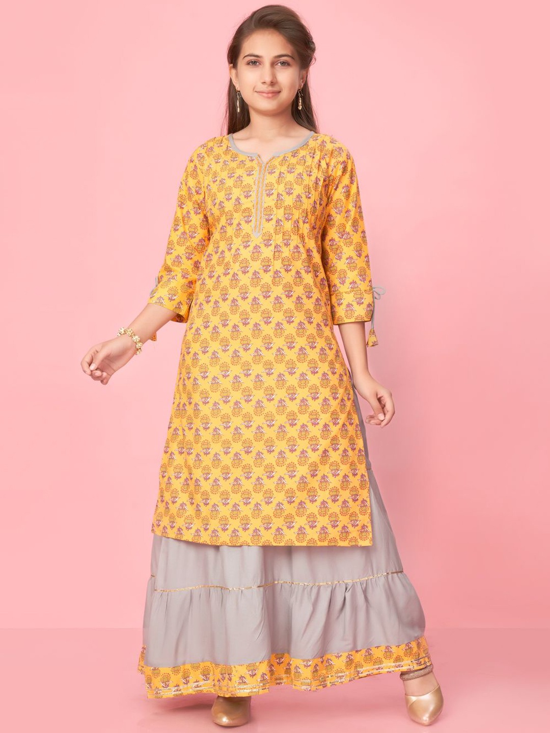 

BAESD Girls Floral Printed Pure Cotton Straight Kurta With Skirt, Yellow