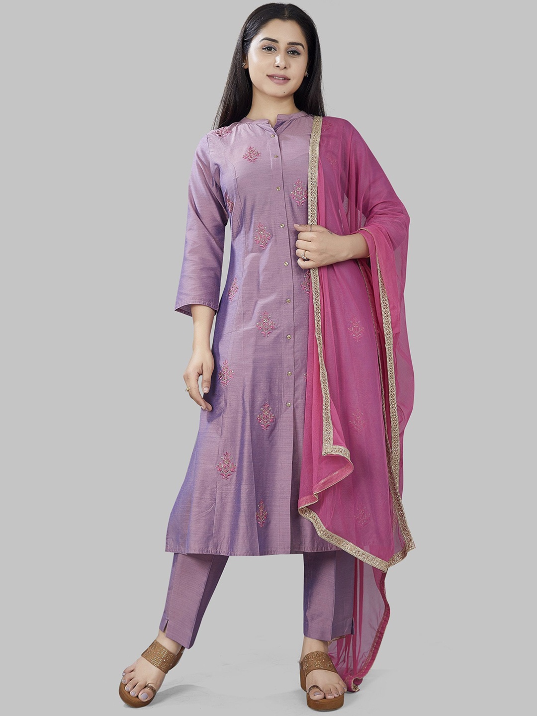 

COTTON CULTURE Floral Embroidered Cotton Silk A-Line Kurta With Churidar & Dupatta, Purple