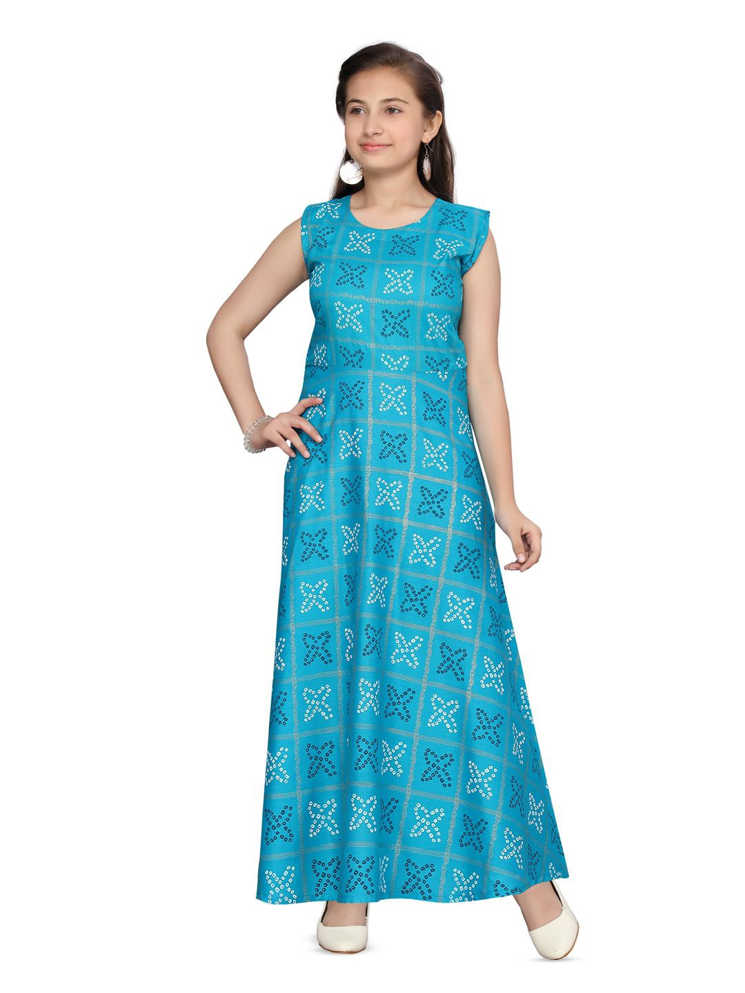 

BAESD Girls Bandhni Print Sleeveless Maxi Dress, Turquoise blue