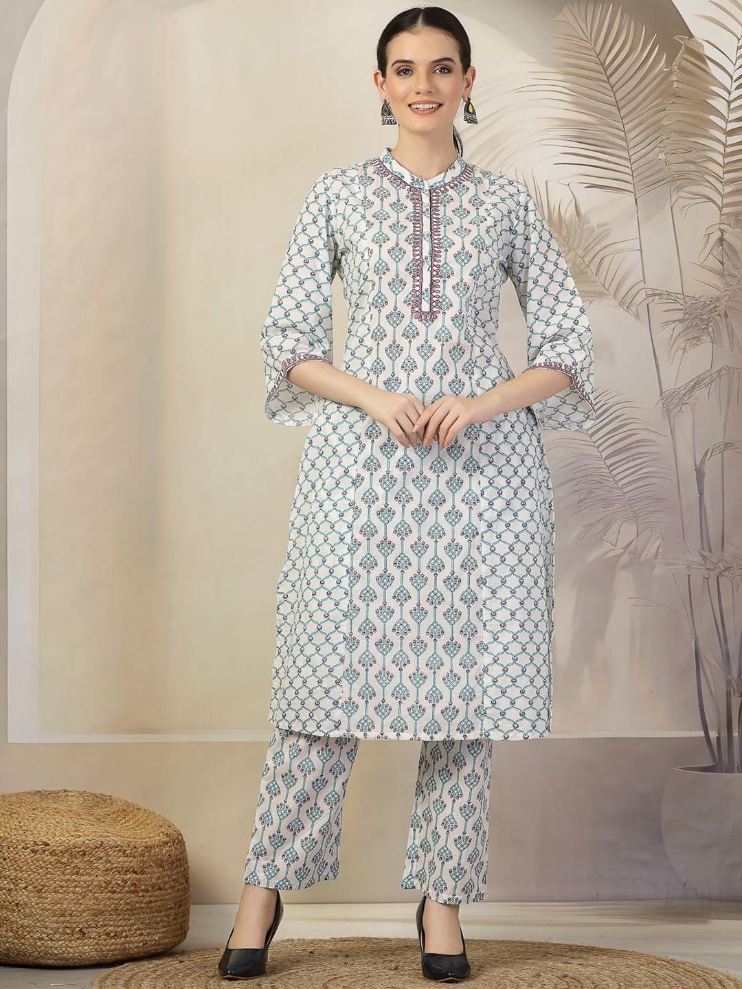 

Nayam By Lakshita Floral Printed Band Collar Thread Work A-Line Kurta With Trouser, Blue