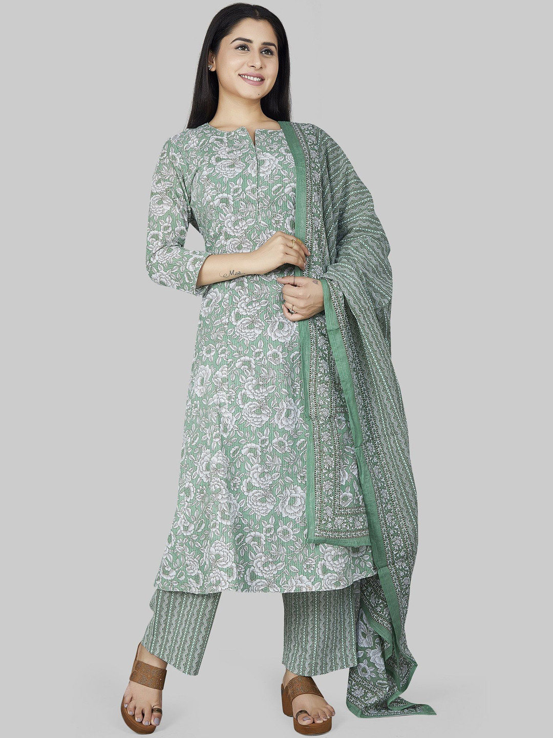 

COTTON CULTURE Floral Printed Pure Cotton A-Line Kurta With Palazzos & Dupatta, Blue