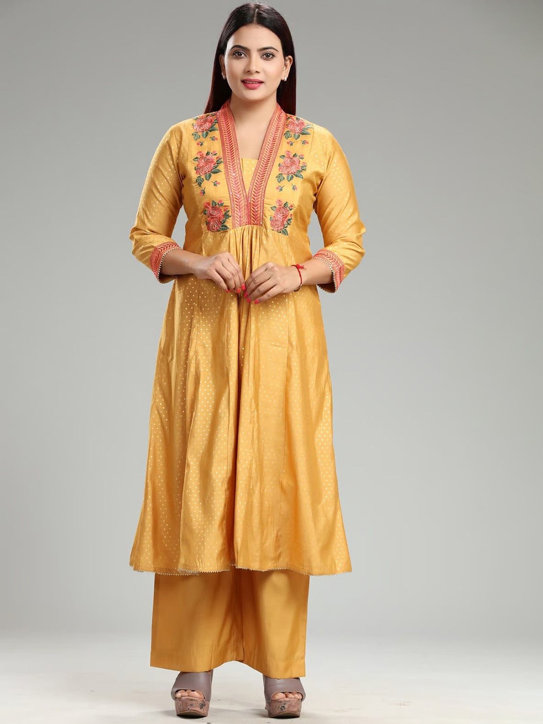 

COTTON CULTURE Floral Embroidered Cotton Silk Anarkali Kurta With Palazzo, Mustard