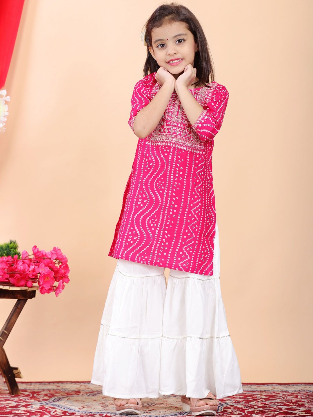 

BAESD Girls Bandhani Printed Gotta Patti Straight Kurta with Sharara, Pink