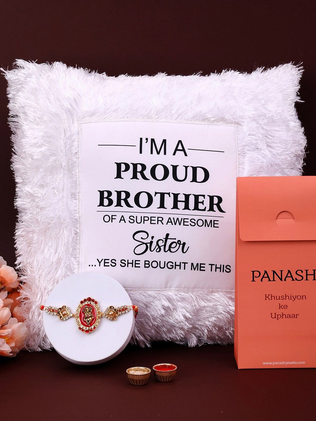 

PANASH Rakhi With Cushion & Roli Chawal Gift Set, Gold
