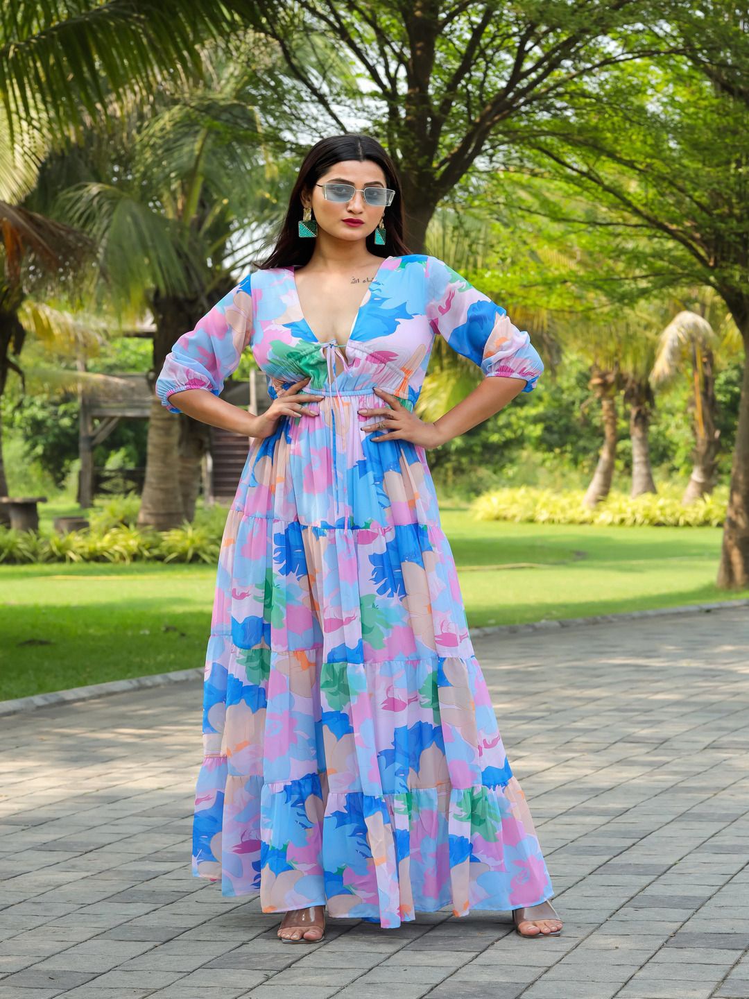 

Sadika Women Floral Printed V-Neck Ruffled Maxi Dress, Blue