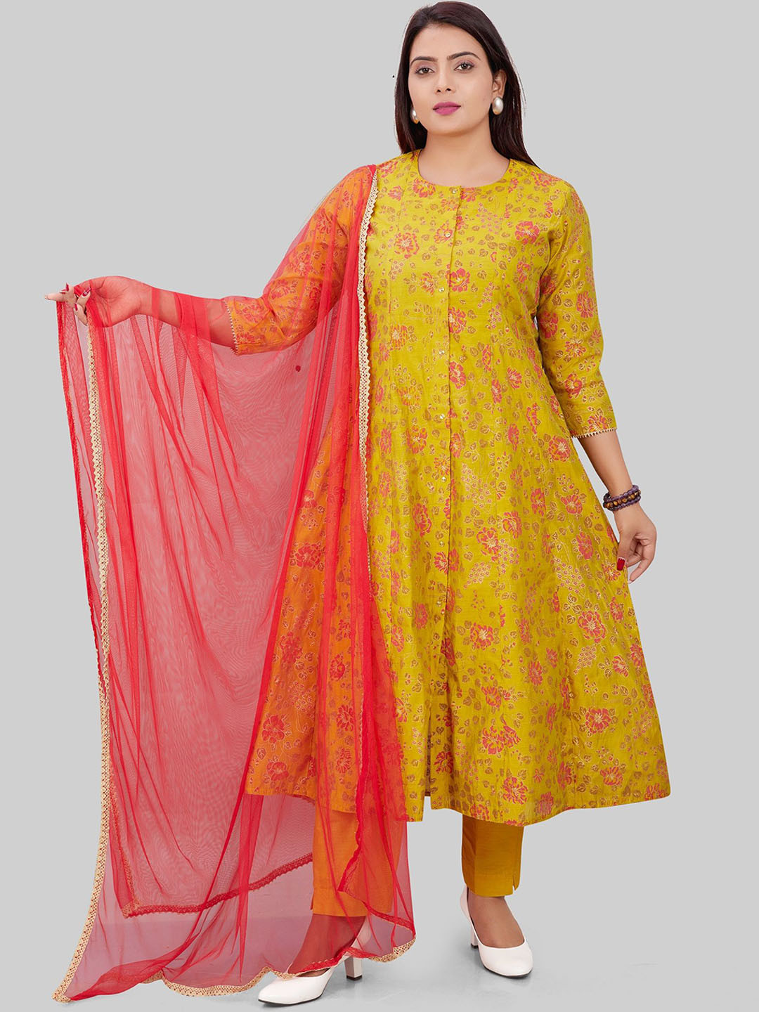 

COTTON CULTURE Women Floral Embroidered Regular Chanderi Cotton Kurta with Churidar & With Dupatta, Mustard