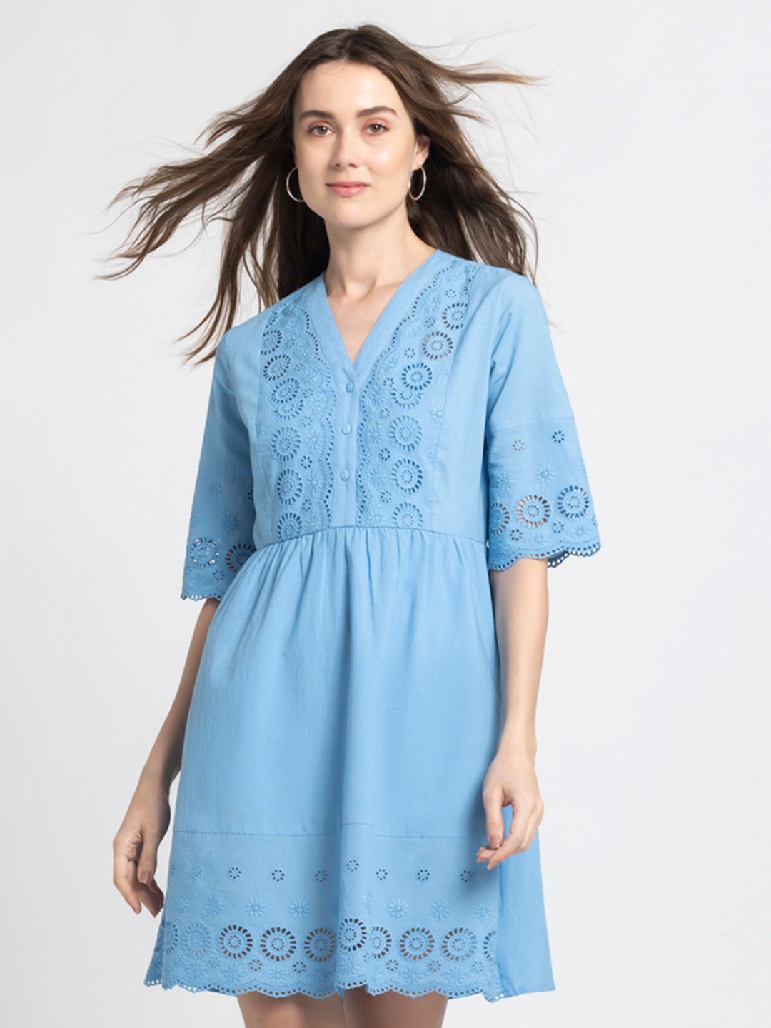 

SHAYE Embroidered Fit & Flare Mini Schiffli Dress, Blue