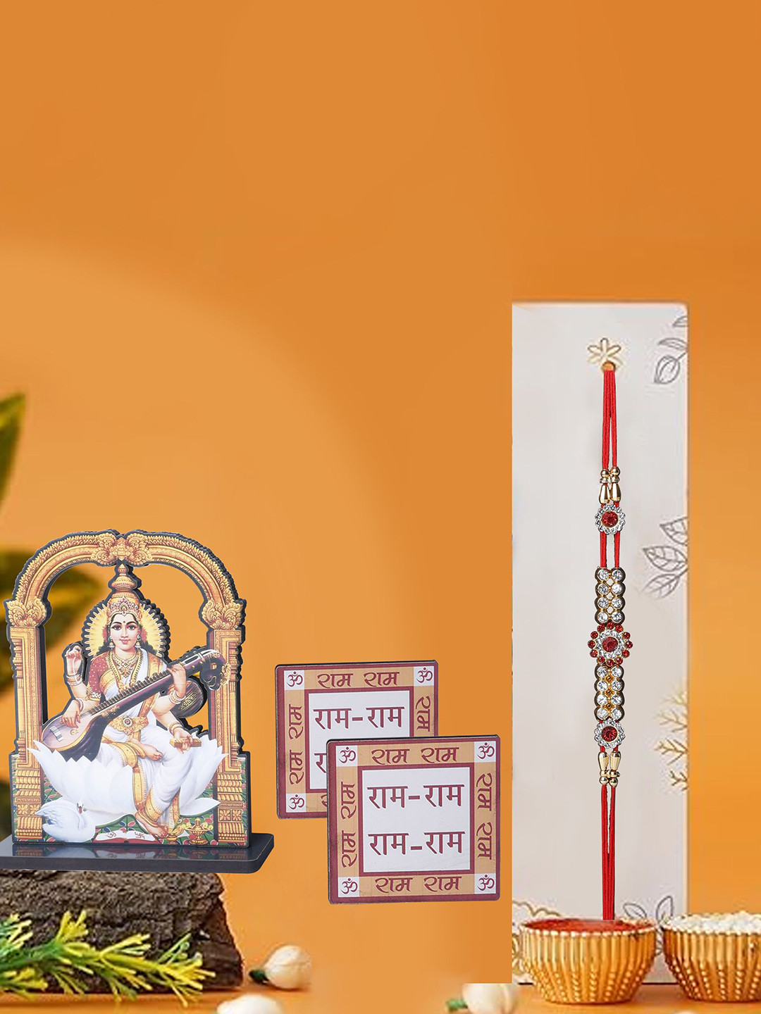 

Phirki Studio Set of 2 Stone Studded Rakhi With God Figure Table stand & Roli Chawal, Red