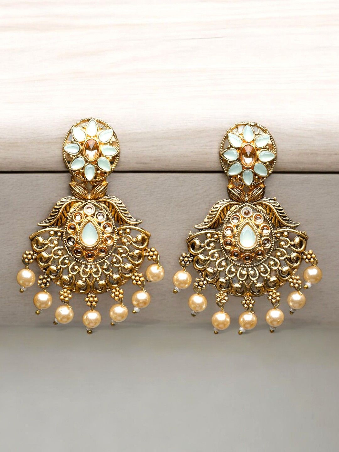 

ADIVA Gold-Plated Stones Studded & Pearls Beaded Crescent Shaped Drop Earrings