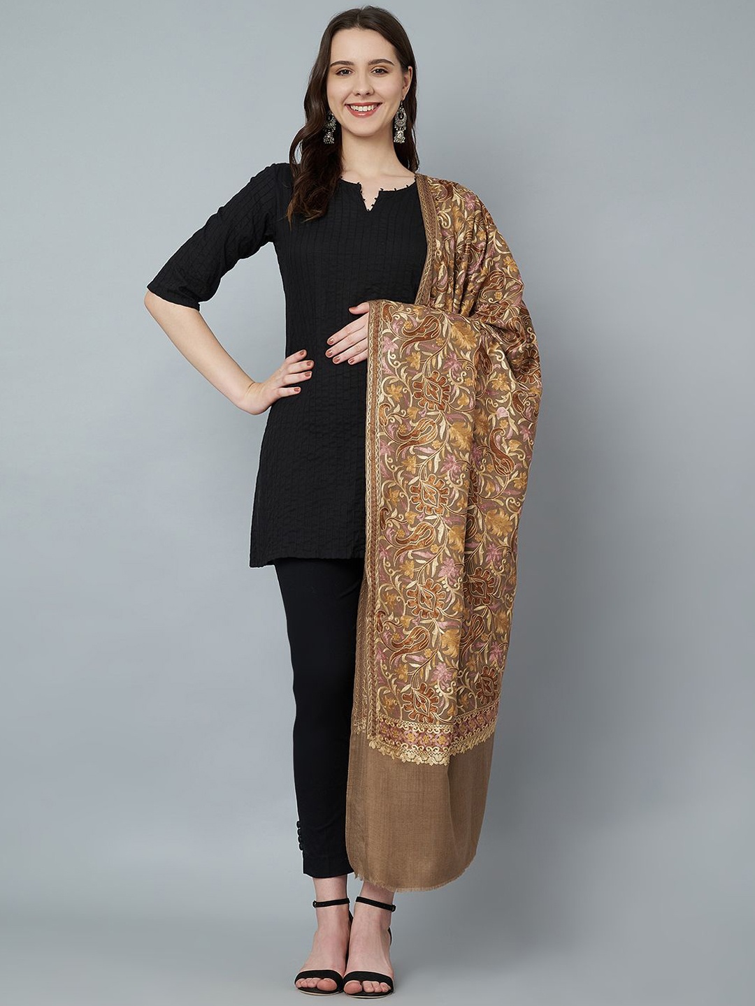 

MUFFLY Women Floral Embroidered Pure Woollen Shawl, Brown