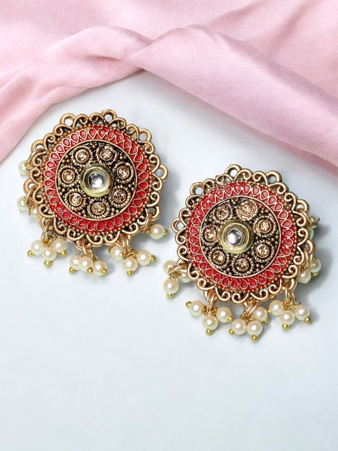 

ADIVA Gold-Plated Kundan Stone & Pearl Hand-Painted Oversize Studs