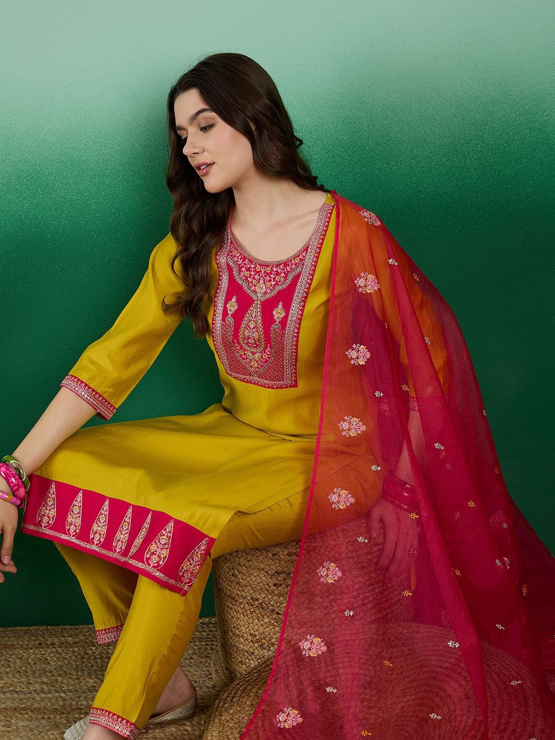 

Sangria Yellow Ethnic Motifs Yoke Design Sequinned Straight Kurta With Trouser & Dupatta