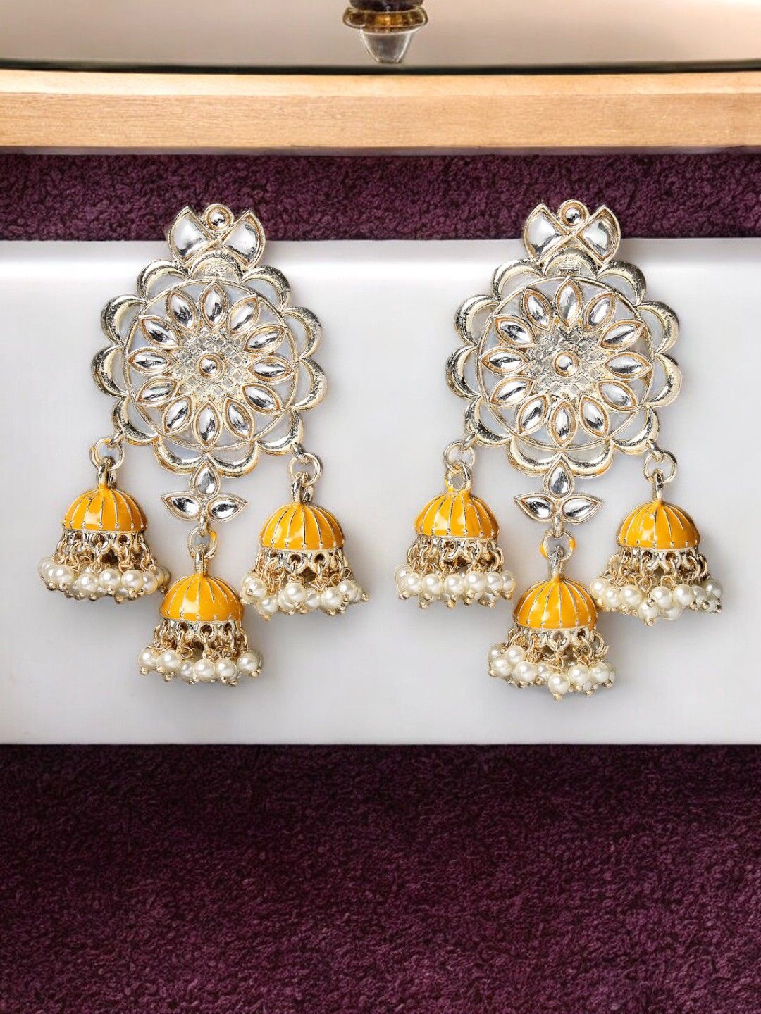 

ADIVA Gold Plated Dome Shaped Kundan Studded & Pearl Beaded Meenakari Drop Earrings