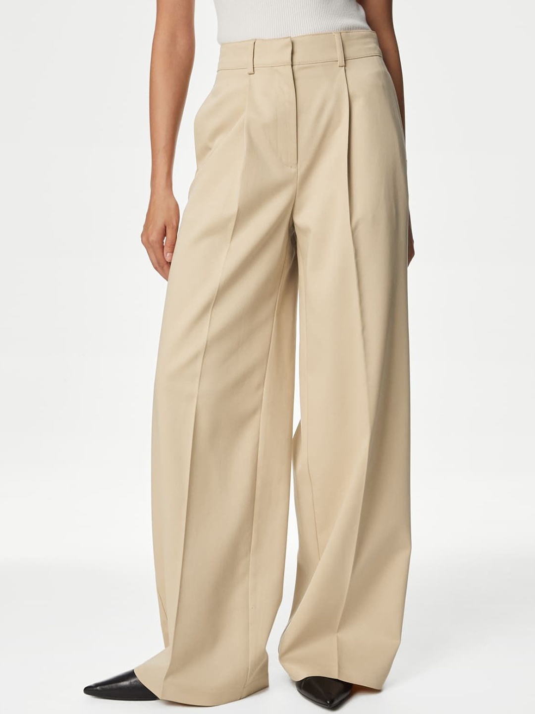 

Marks & Spencer Women Solid Flared Mid-Rise Regular Fit Parallel Trousers, Beige