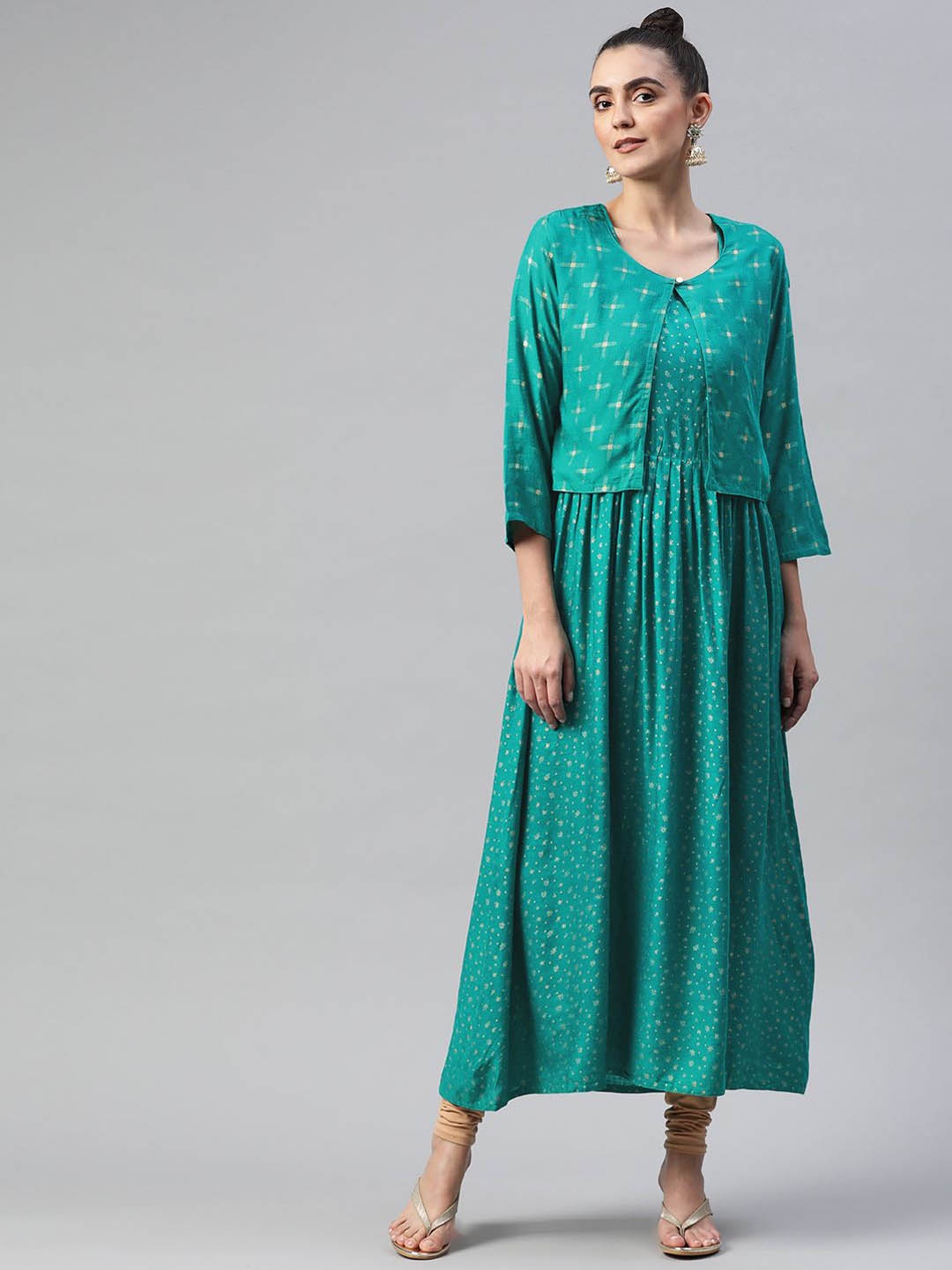 

BAESD Floral Printed A-Line Cotton Kurta with Jacket, Sea green
