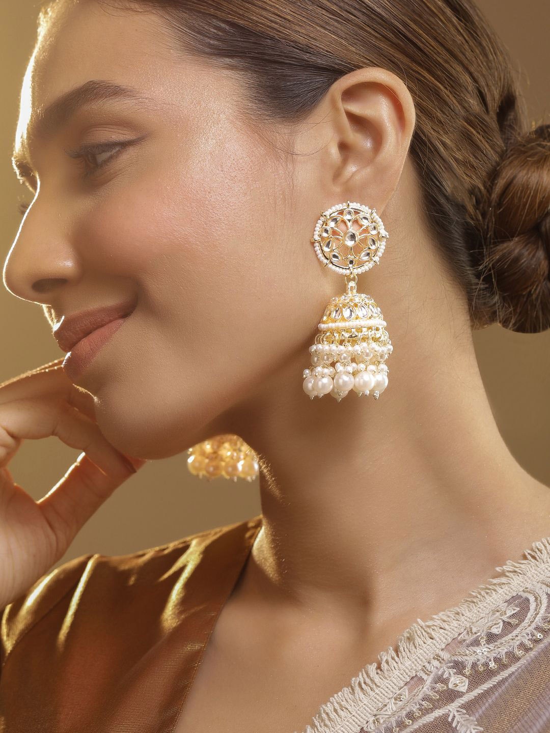 

Rubans Gold Plated Stone Studded & Pearl Beaded Dome Shaped Jhumkas