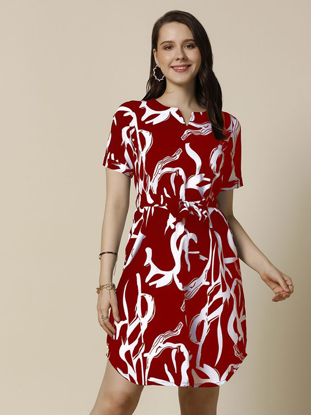 

OMPAX Printed A-Line Dress, Maroon