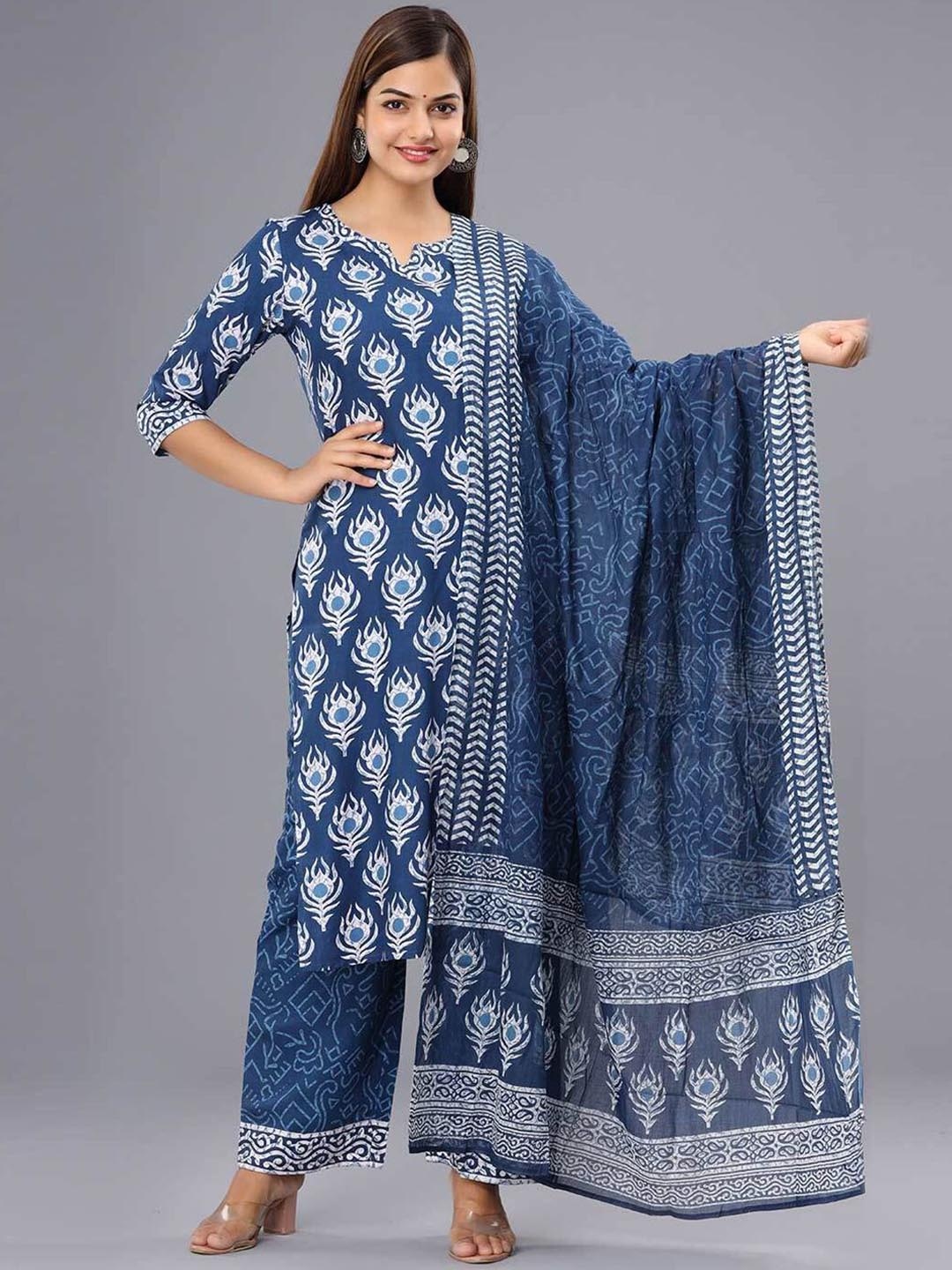 

7Threads Ethnic Motifs Printed Straight Kurta with Trousers & Dupatta, Blue