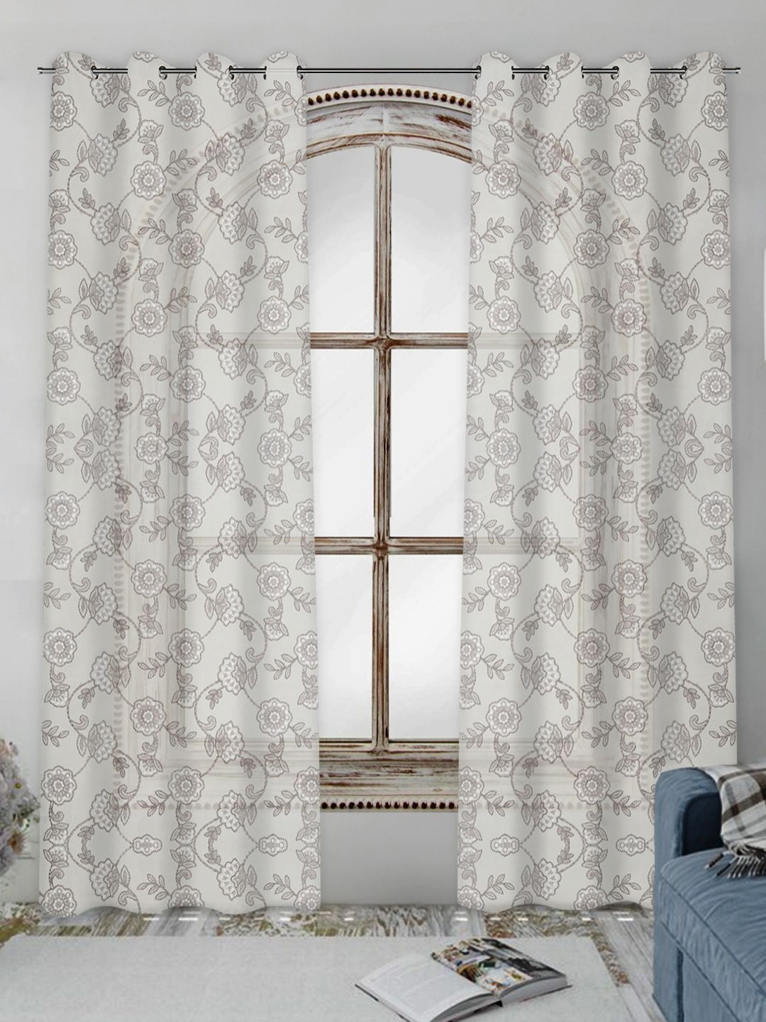 

Tesmare White & Grey Floral Embroidered Sheer Window Curtain