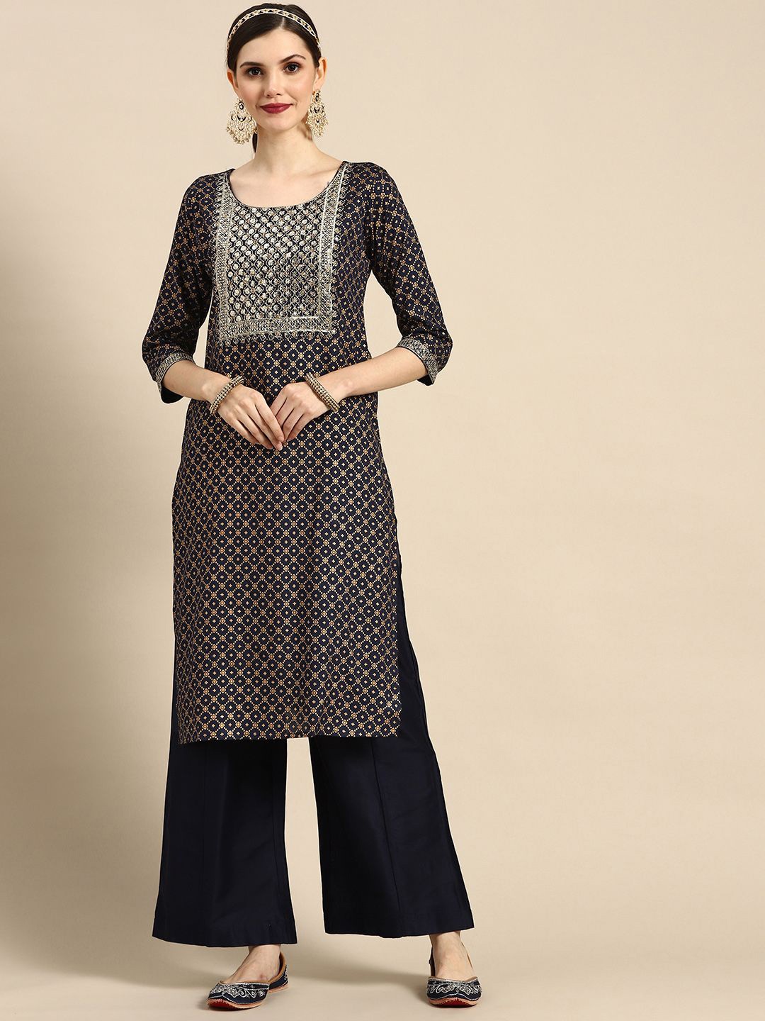 

Sangria Navy Blue Ethnic Motifs Printed Sequinned Straight Kurta