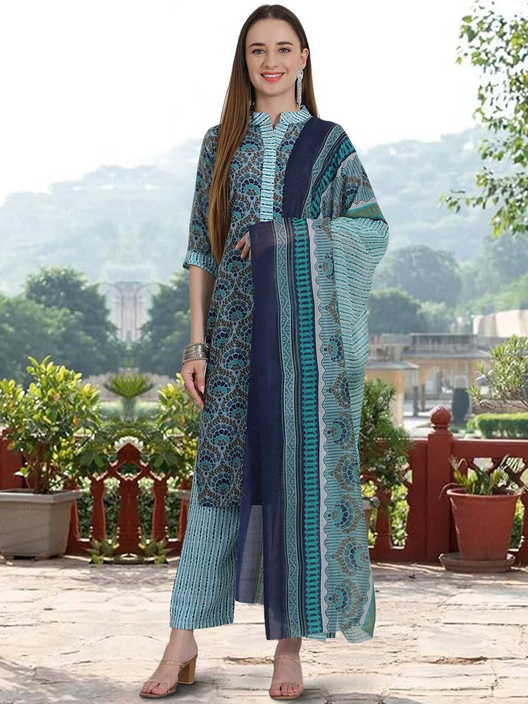 

7Threads Floral Printed Straight Pure Cotton Kurta with Trousers & Dupatta, Teal