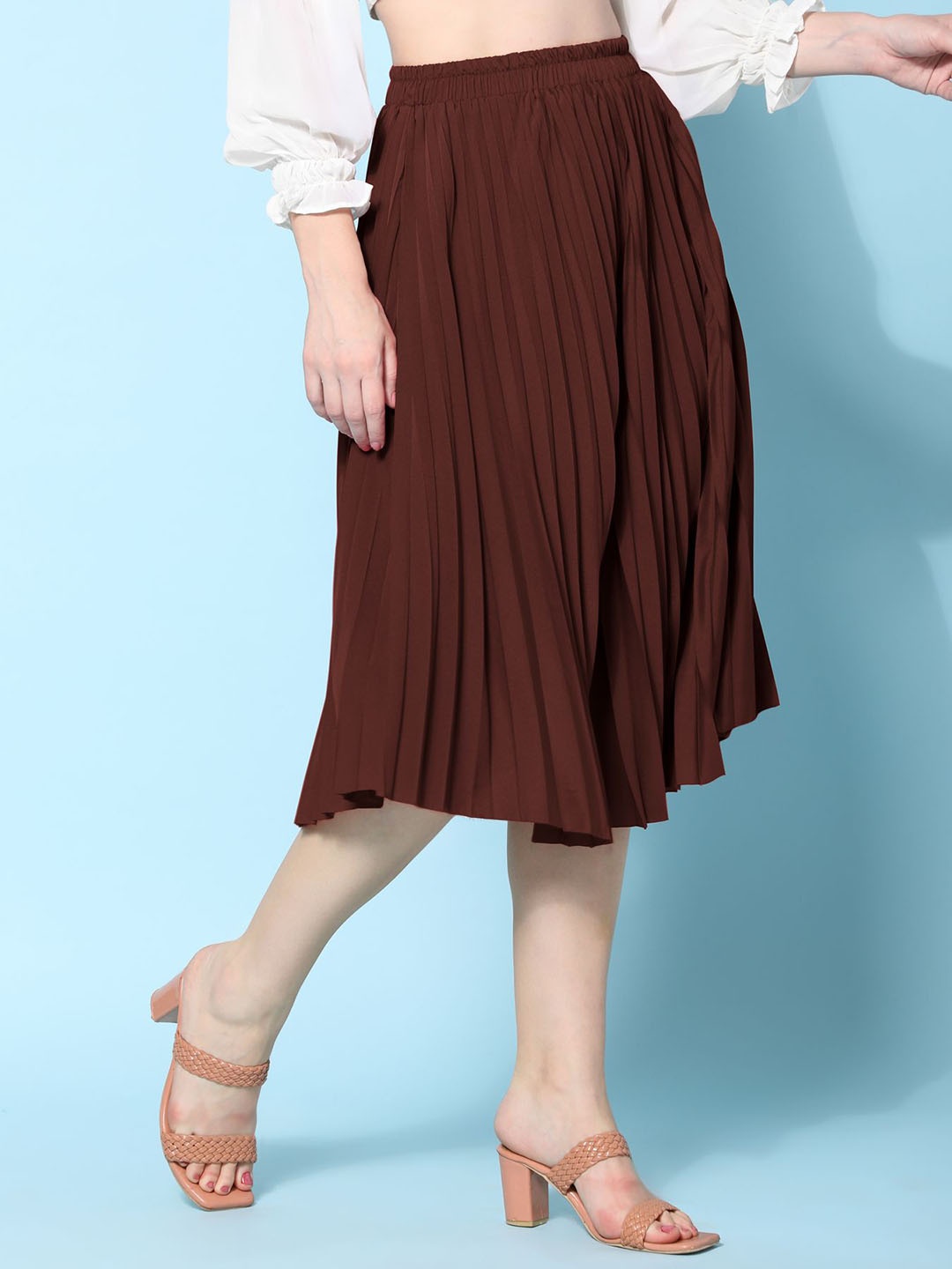 

NE STYLE Women Flared Accordion Pleats Midi Skirt, Coffee brown