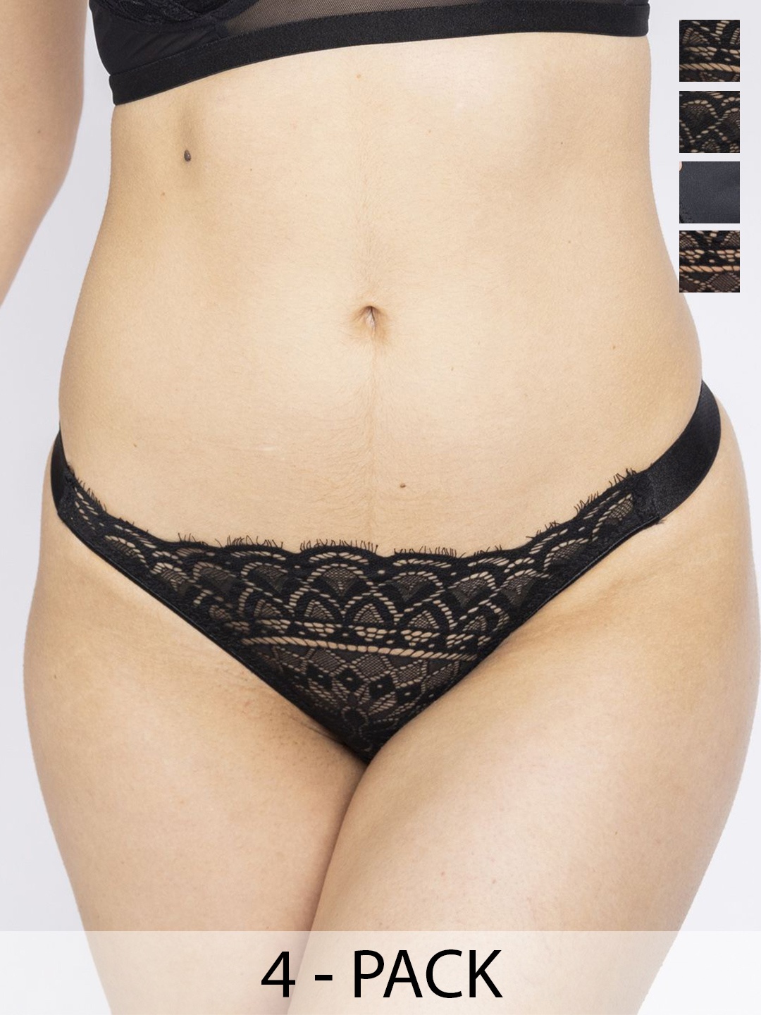 

EROTISSCH Women Pack of 4 Low Waist Lace Thong Briefs, Black