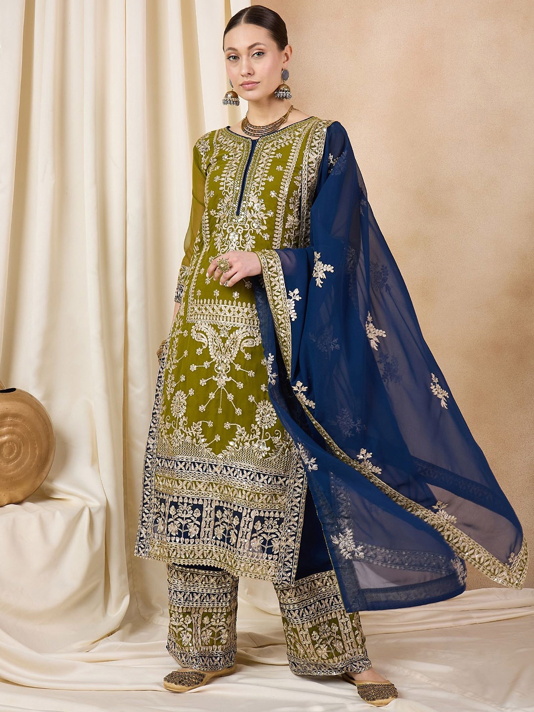 

RAJGRANTH Ethnic Motifs Embroidered Regular Sequinned Kurta with Palazzos & Dupatta, Olive