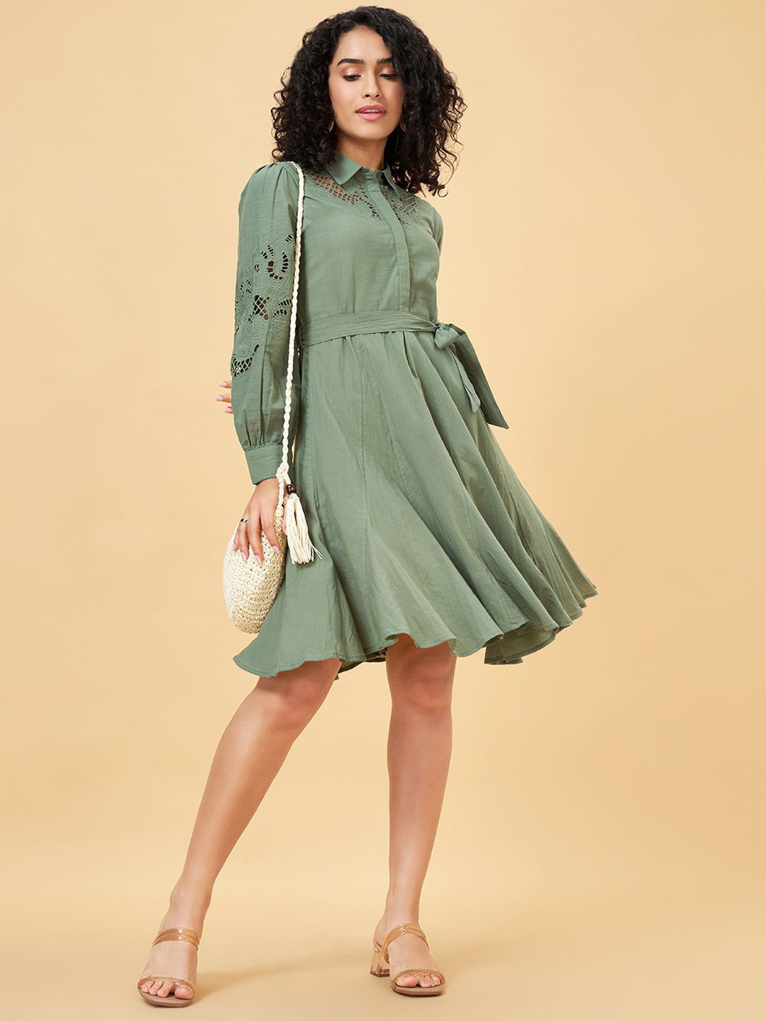 

Honey by Pantaloons Shirt Collar Cuffed Sleeve Cotton Fit & Flare Dress, Green