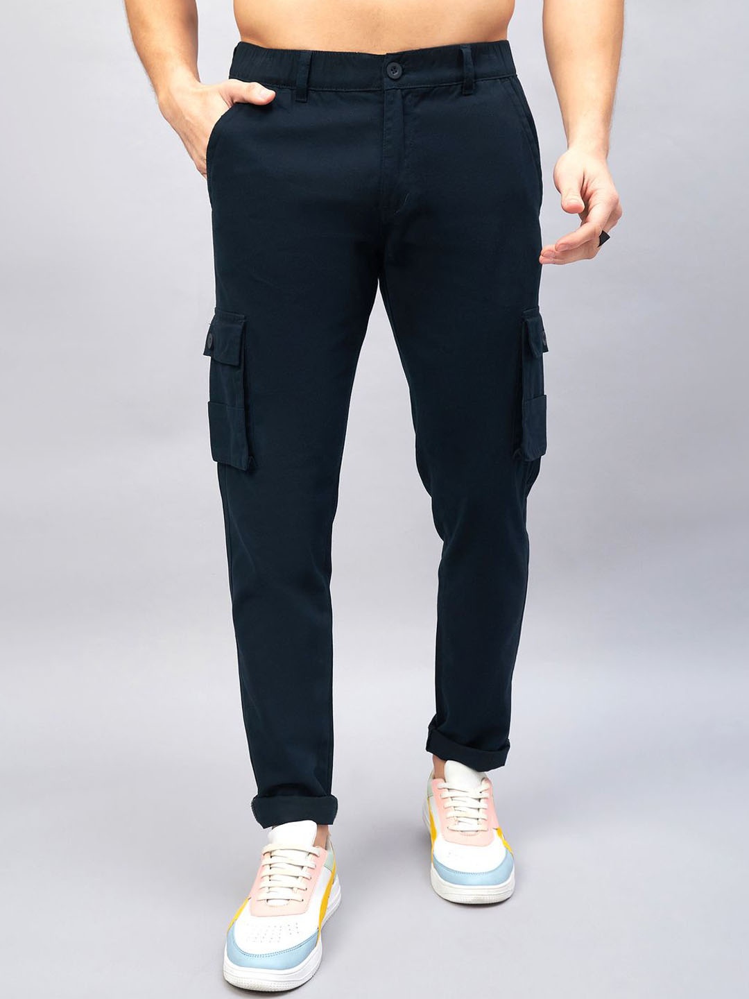 

STUDIO NEXX Men Relaxed Straight Leg Loose Fit Cargos Trousers, Blue