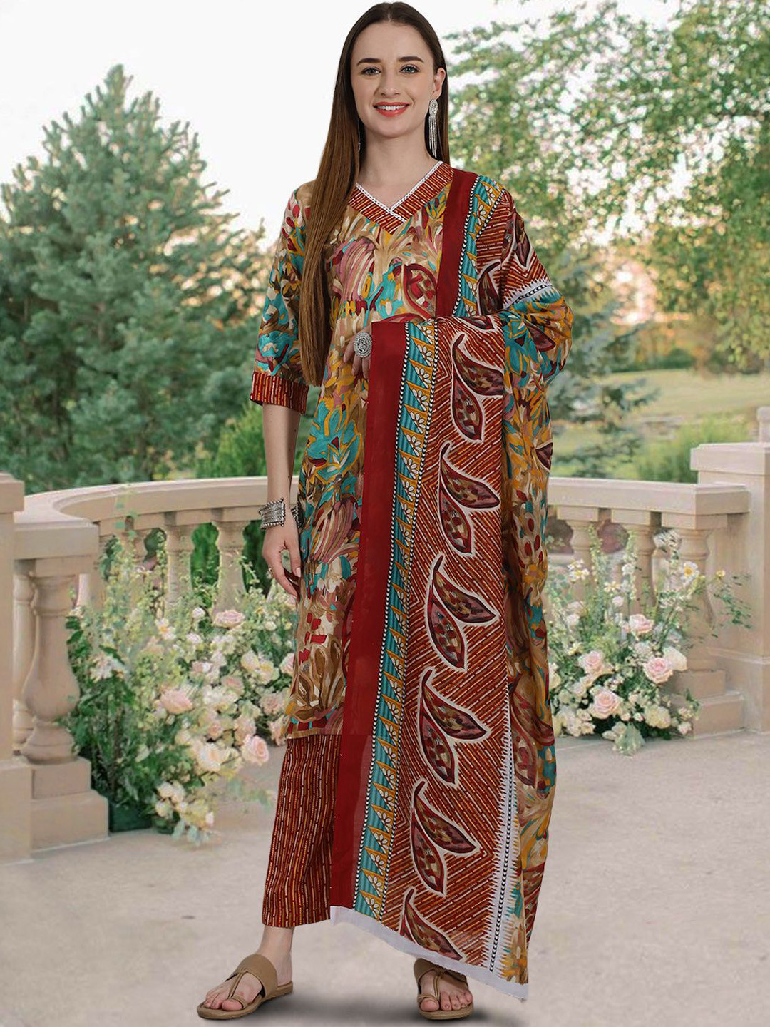 

1 Stop Fashion Floral Printed Pure Cotton Straight Kurta with Trousers & Dupatta, Mustard