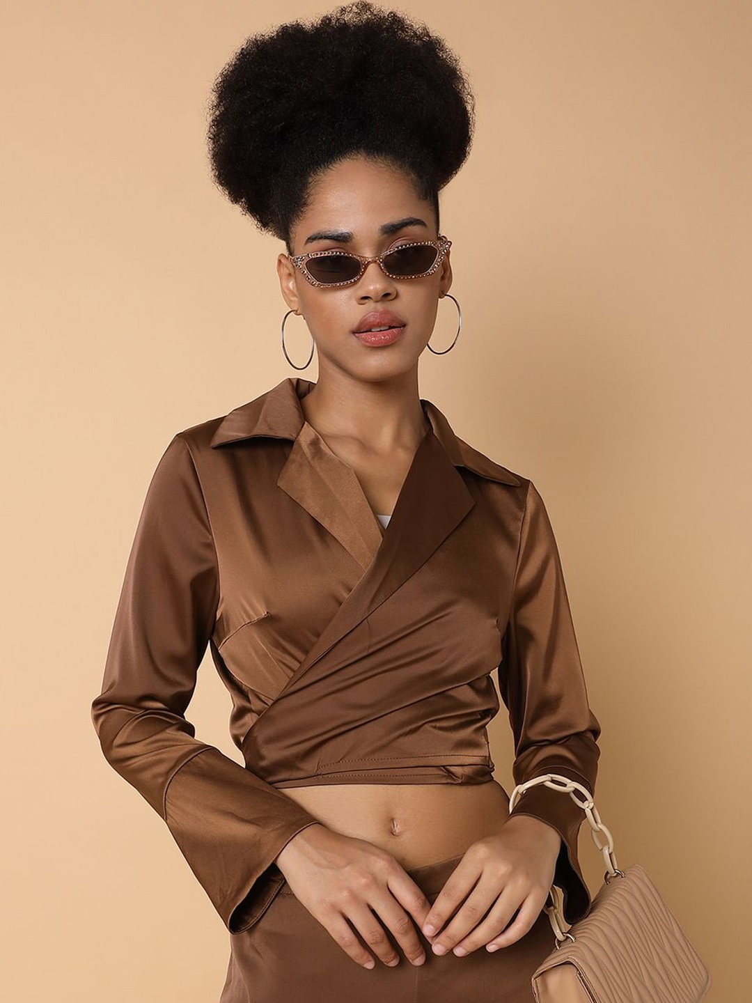 

SHOWOFF Shawl Collar Long Sleeves Nylon Top With Trouser Co-Ords, Brown