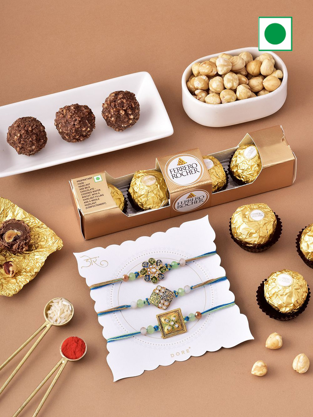 

Hyperfoods Set Of 4 Beaded & Charm Rakhis With Ferrero Rocher Chocolates, Gold