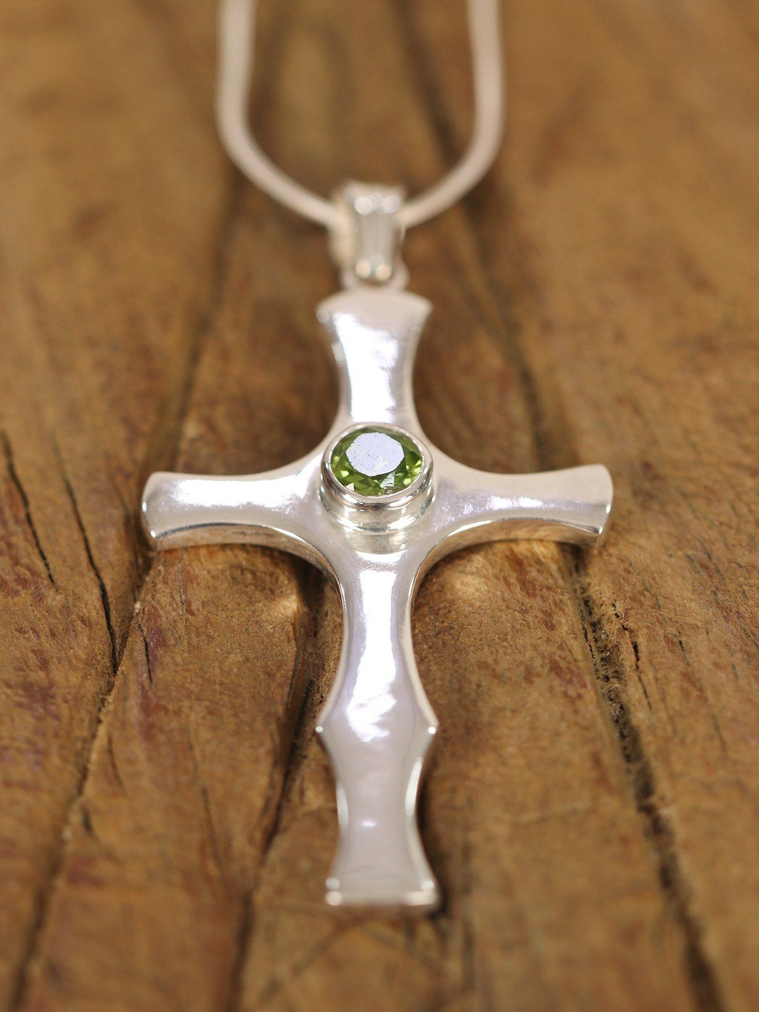 

Exotic India Peridot Stone in Center Sterling Silver Cross Pendant