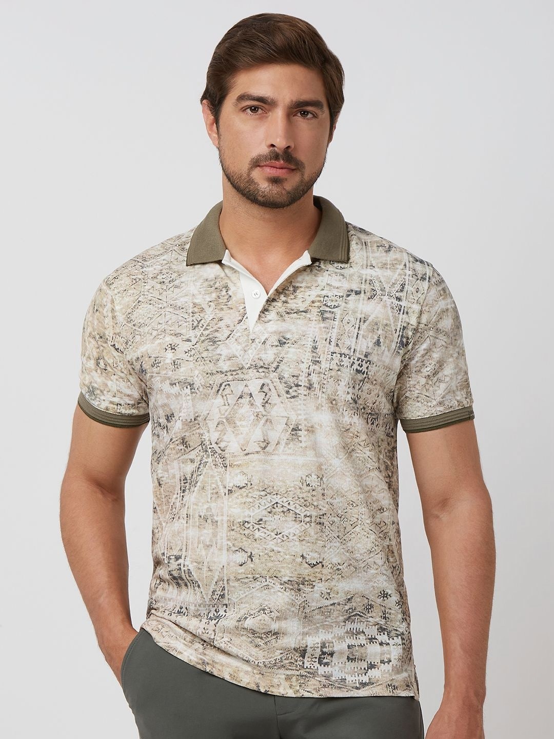 

Mufti Men Floral Printed Polo Collar Cotton Slim Fit T-shirt, Grey