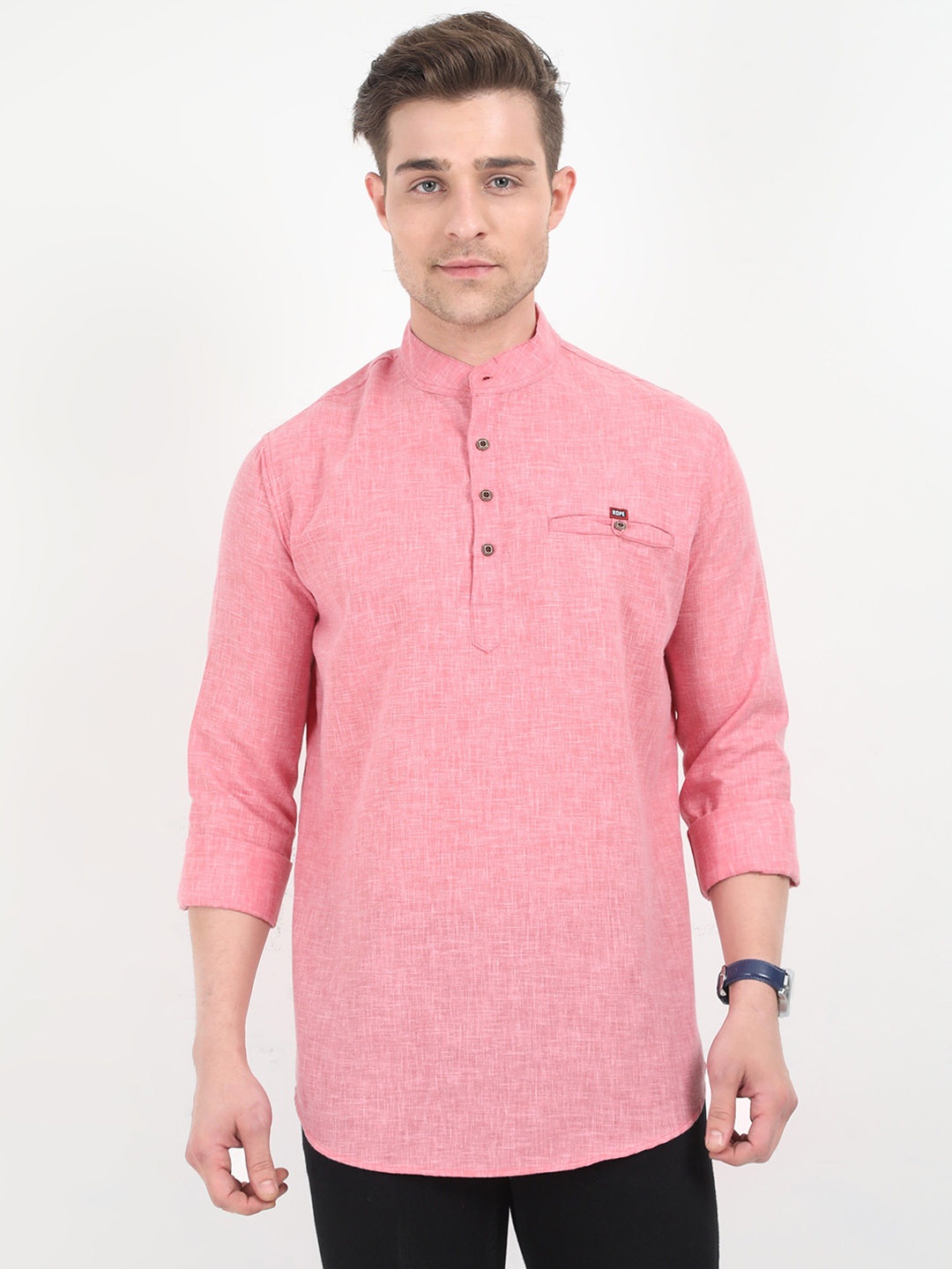 

Rope Band Collar Long Sleeves Straight Kurta, Pink