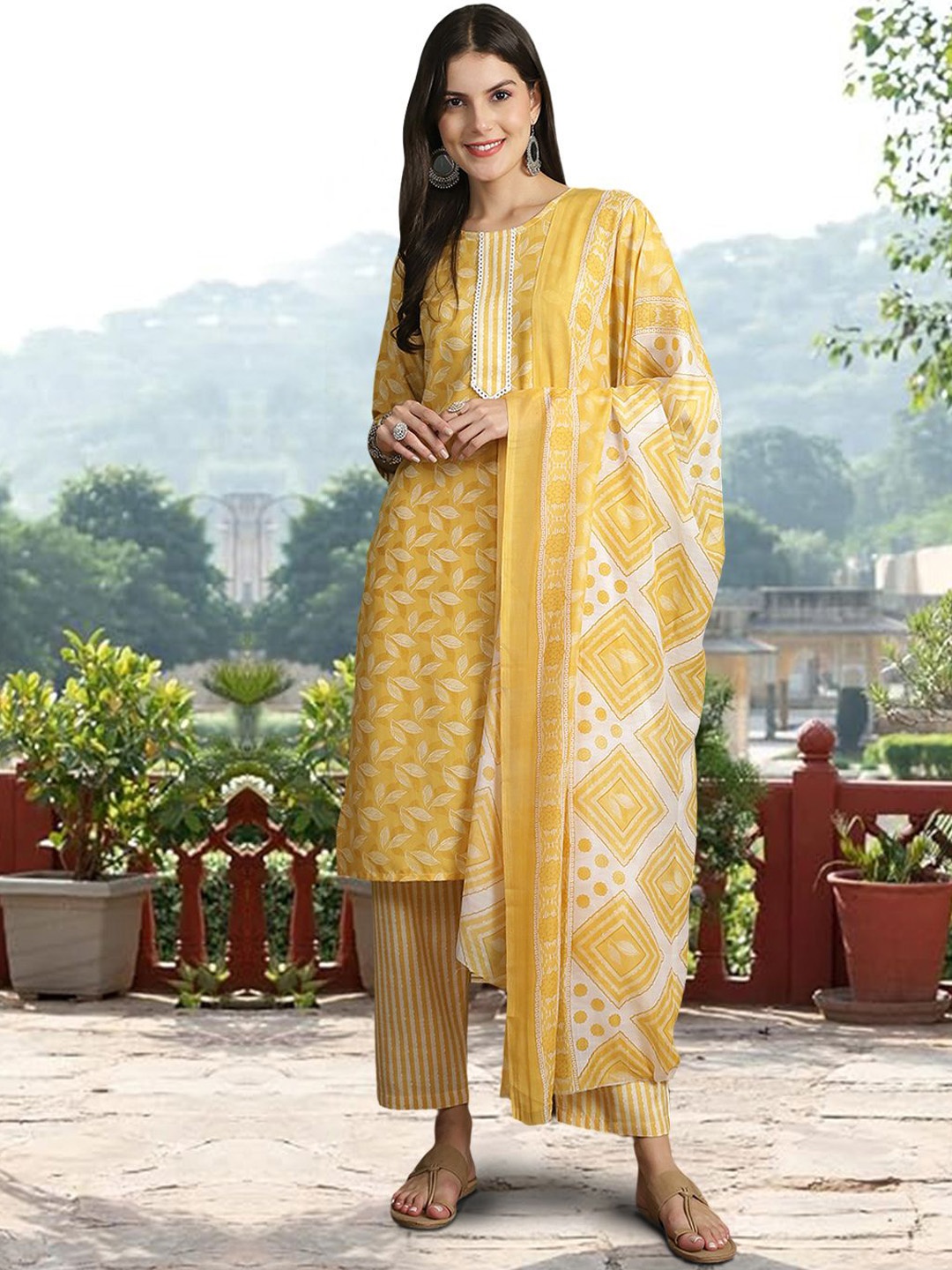 

7Threads Floral Printed Pure Cotton Kurta with Trousers & Dupatta, Yellow