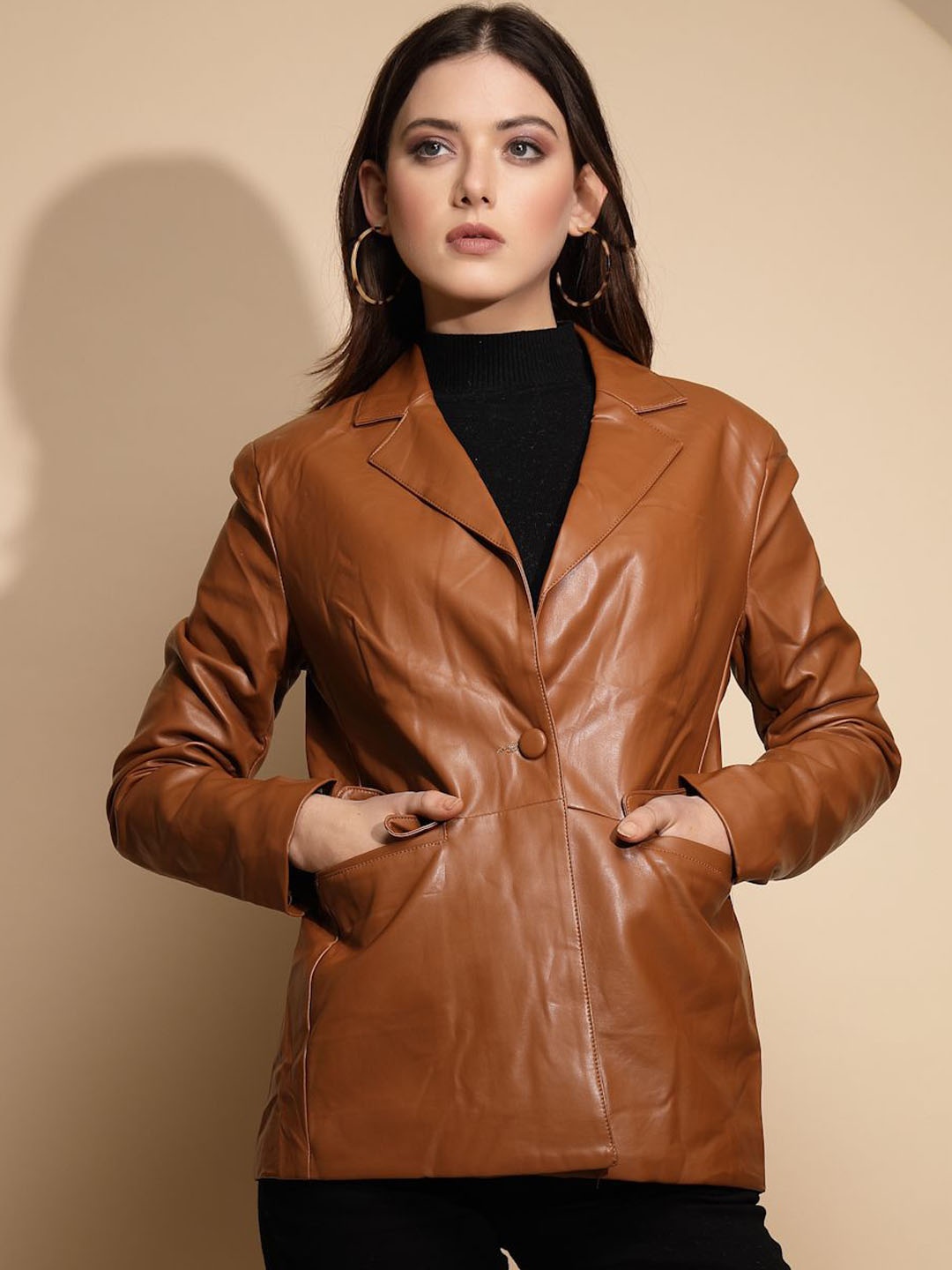 

Global Republic Women Notched Lapel Single Breasted OverCoats, Camel brown