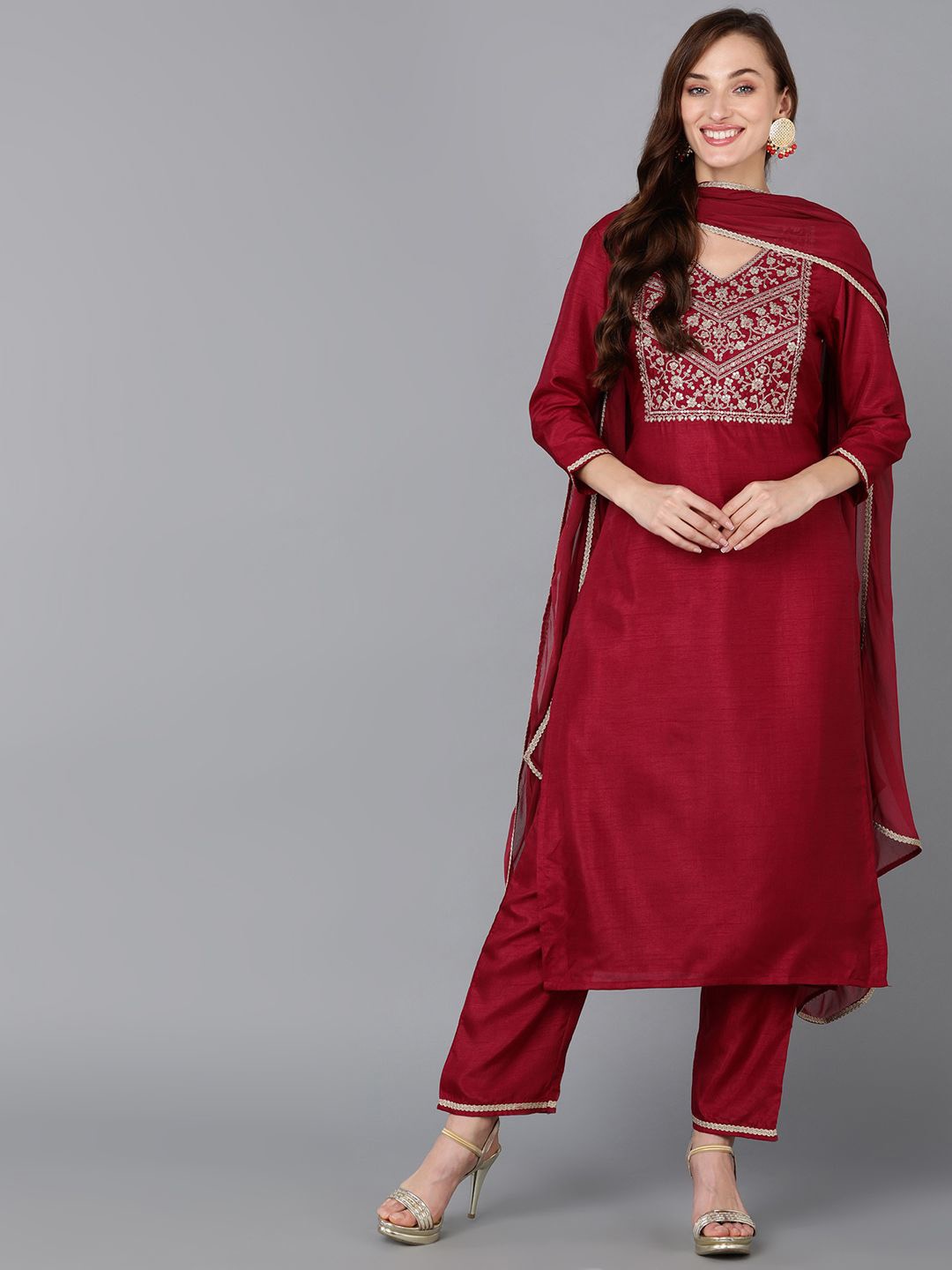 

Anouk Maroon Floral Yoke Design Sequinned Regular Kurta with Trousers & Dupatta